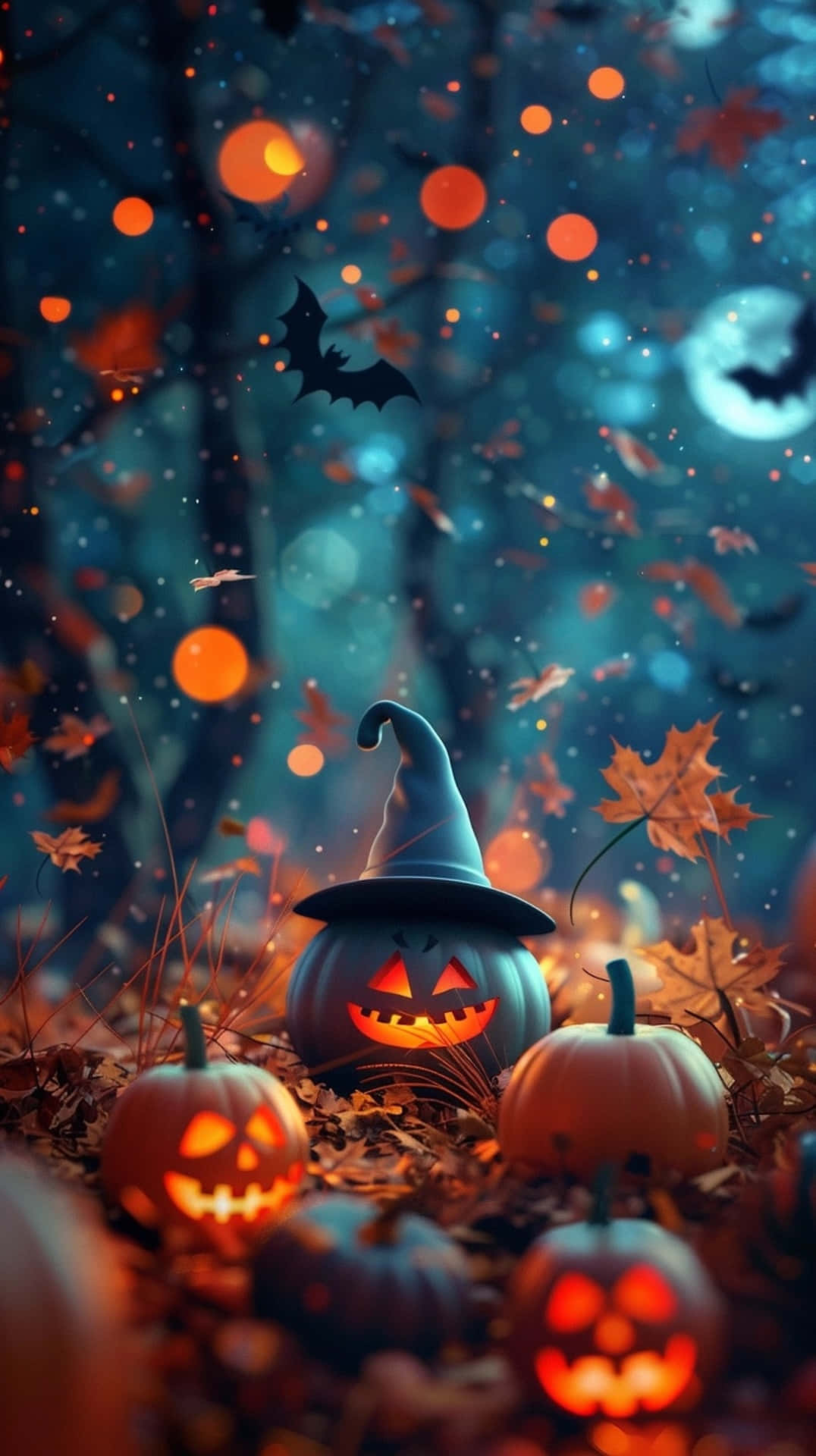 enchanted halloween forest pumpkins, jack-o'-lanterns, witch hats, Full HD Phone Wallpaper