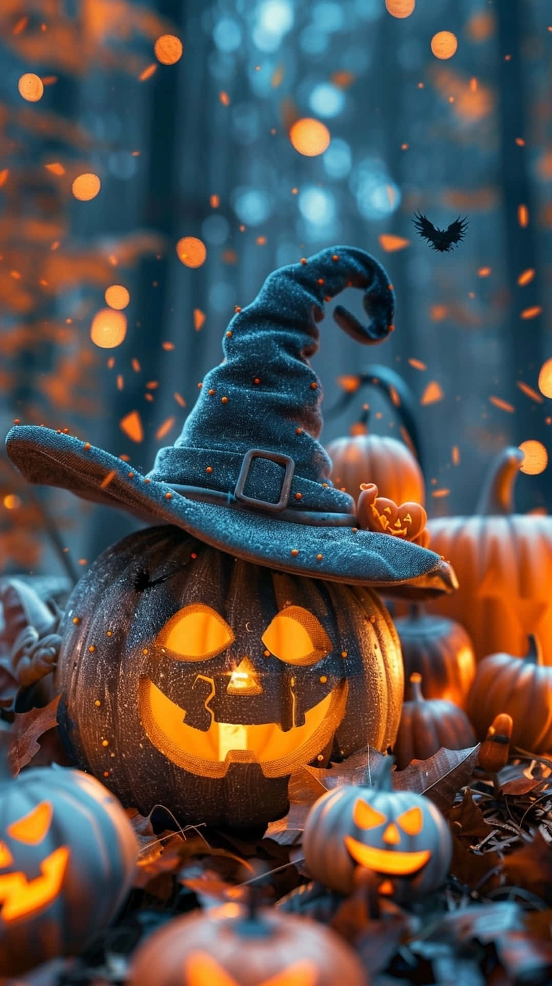 enchanted halloween pumpkin, witch hat, jack-o'-lantern, Full HD Phone Wallpaper
