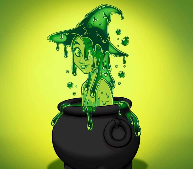 Halloween Slime, cartoon witch, green bubbling potion hat, SD Desktop Wallpaper