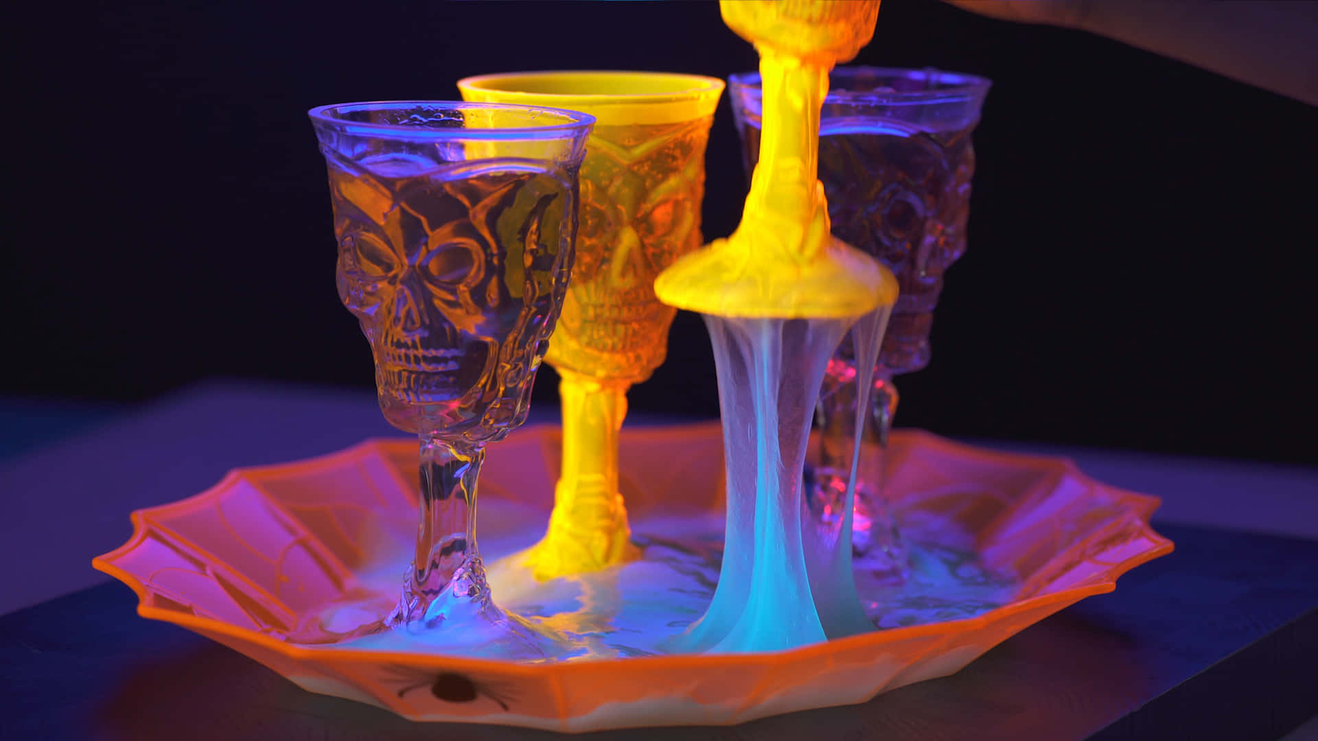 Halloween Slime, neon liquid, skull-shaped glass, Full HD Desktop Wallpaper