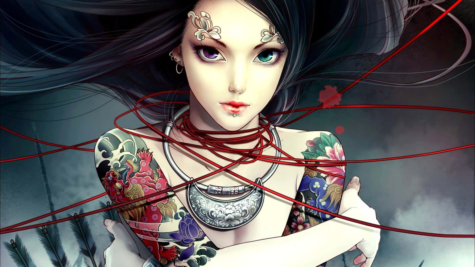 Halloween Tattoos, anime woman, heterochromatic eyes, Full HD Desktop Wallpaper