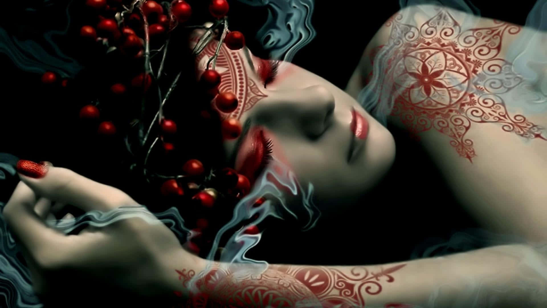 Halloween Tattoos, red henna patterns, red berries, Full HD Desktop Wallpaper