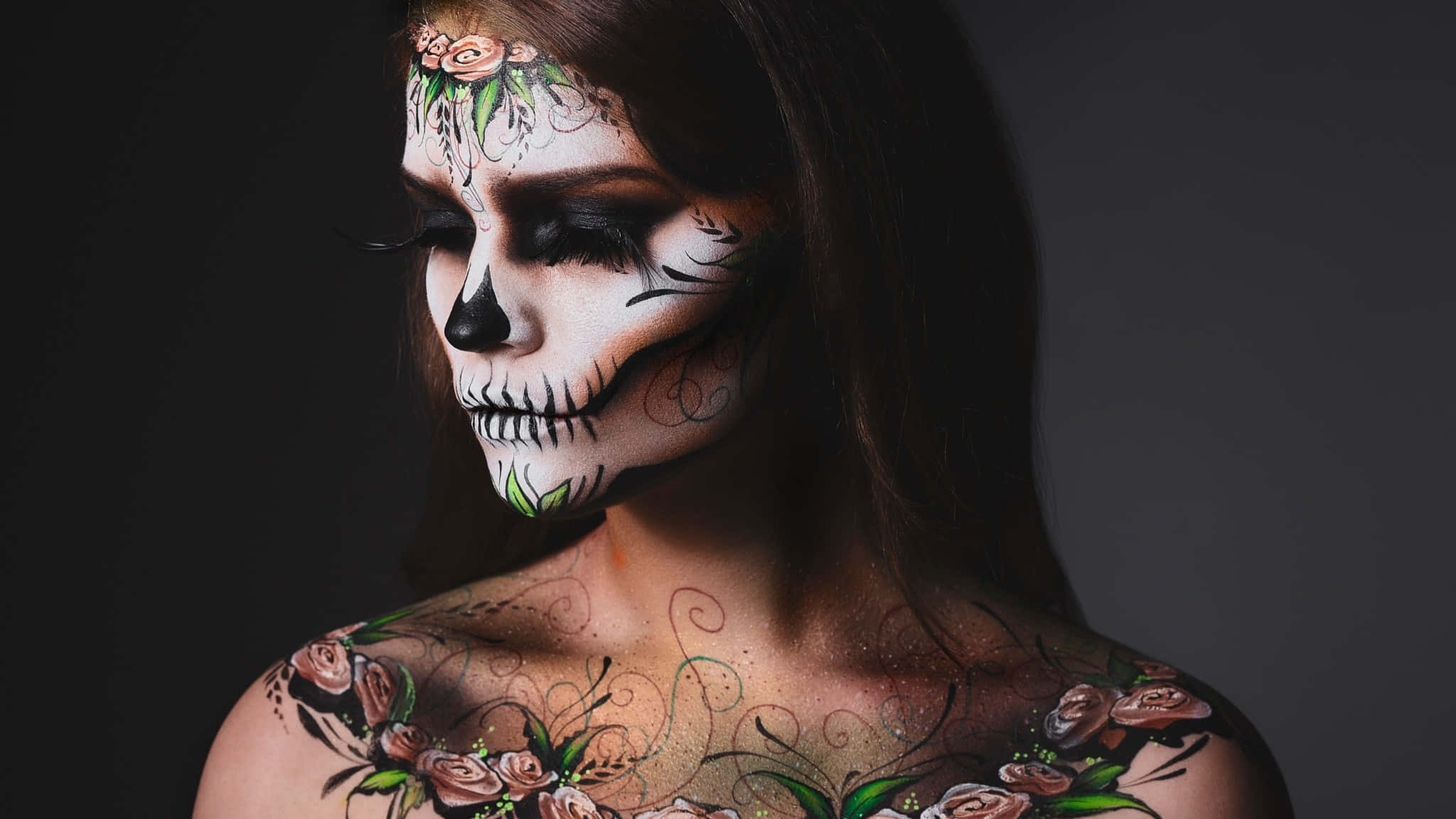 Halloween Tattoos, sugar skull makeup, floral tattoos, Full HD Desktop Wallpaper