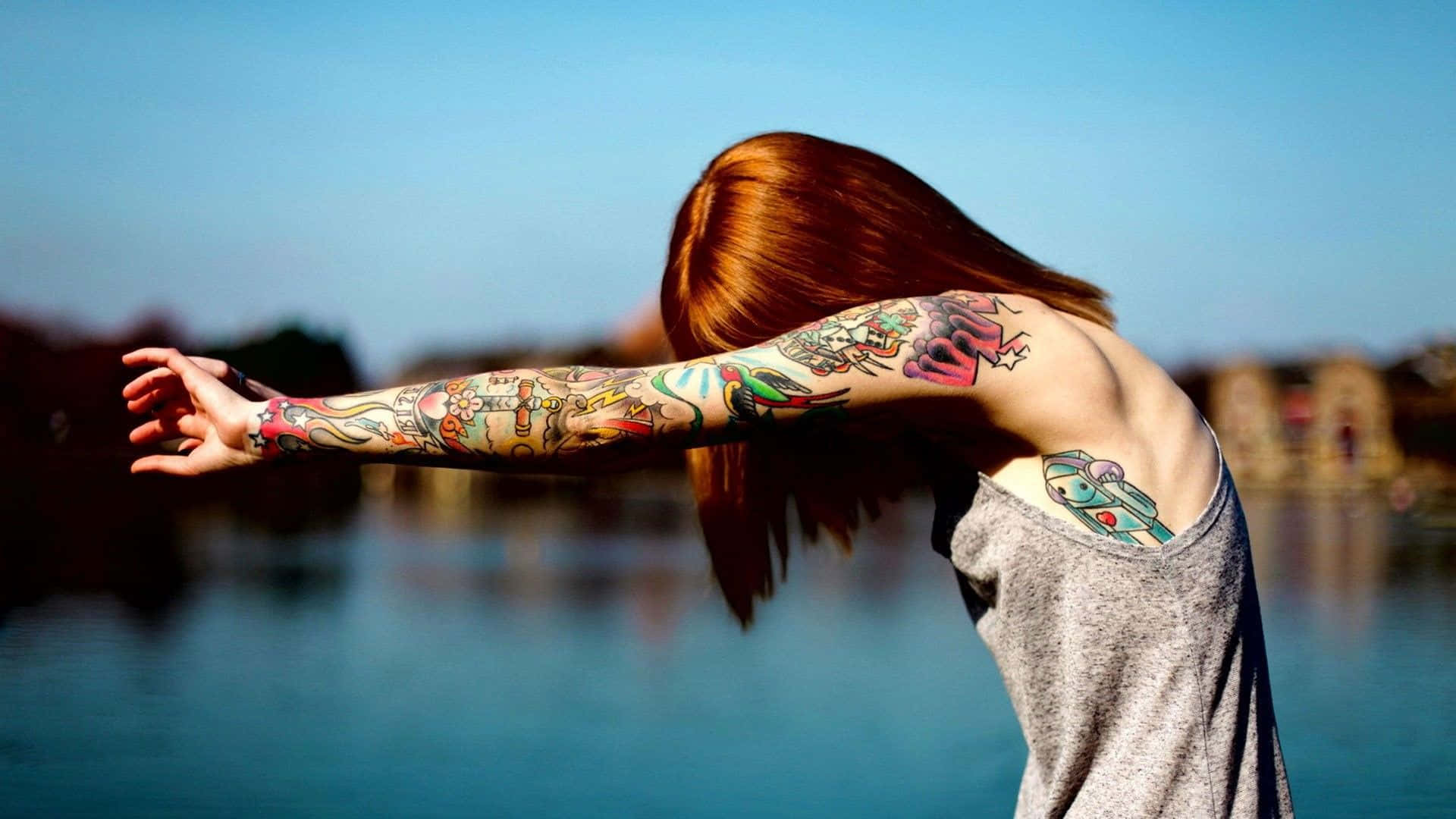 Halloween Tattoos, vibrant tattoos, calm lake, Full HD Desktop Wallpaper