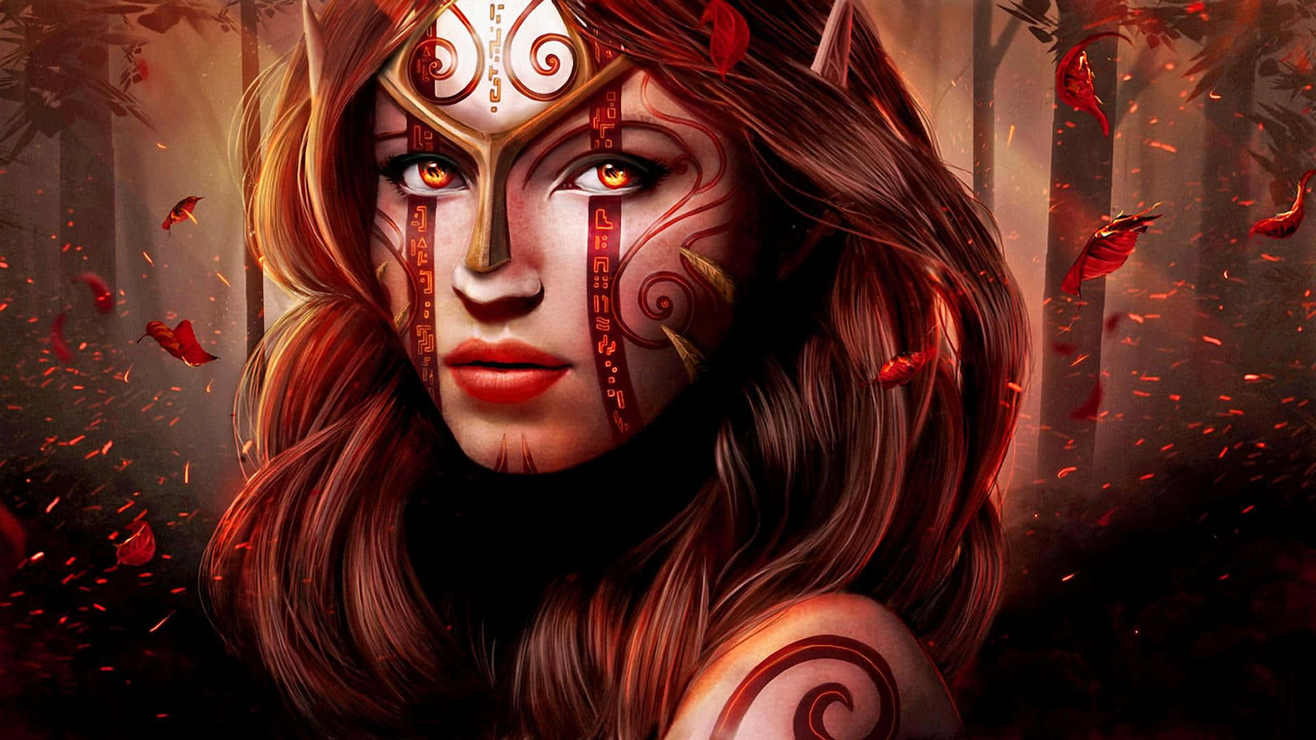 elf woman, glowing amber eyes, intricate red and gold face paint, Full HD Desktop Wallpaper