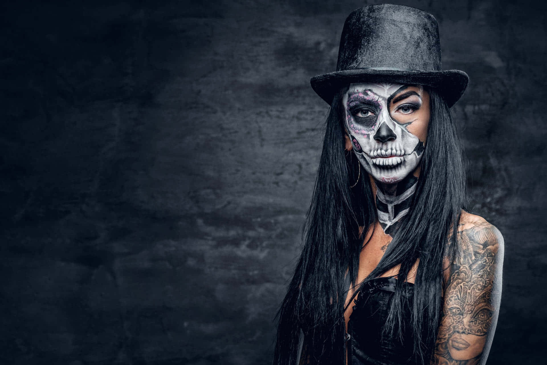Halloween Tattoos, half-skeleton face paint, black top hat, Full HD Desktop Wallpaper