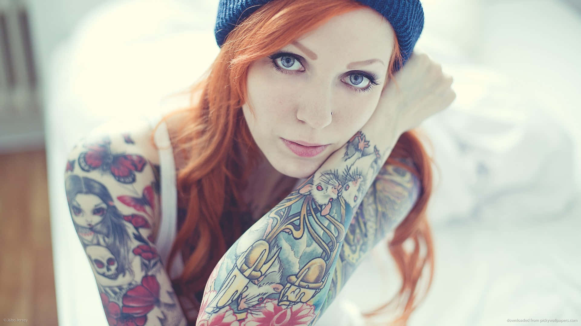Halloween Tattoos, red-haired woman, blue eyes, Full HD Desktop Wallpaper