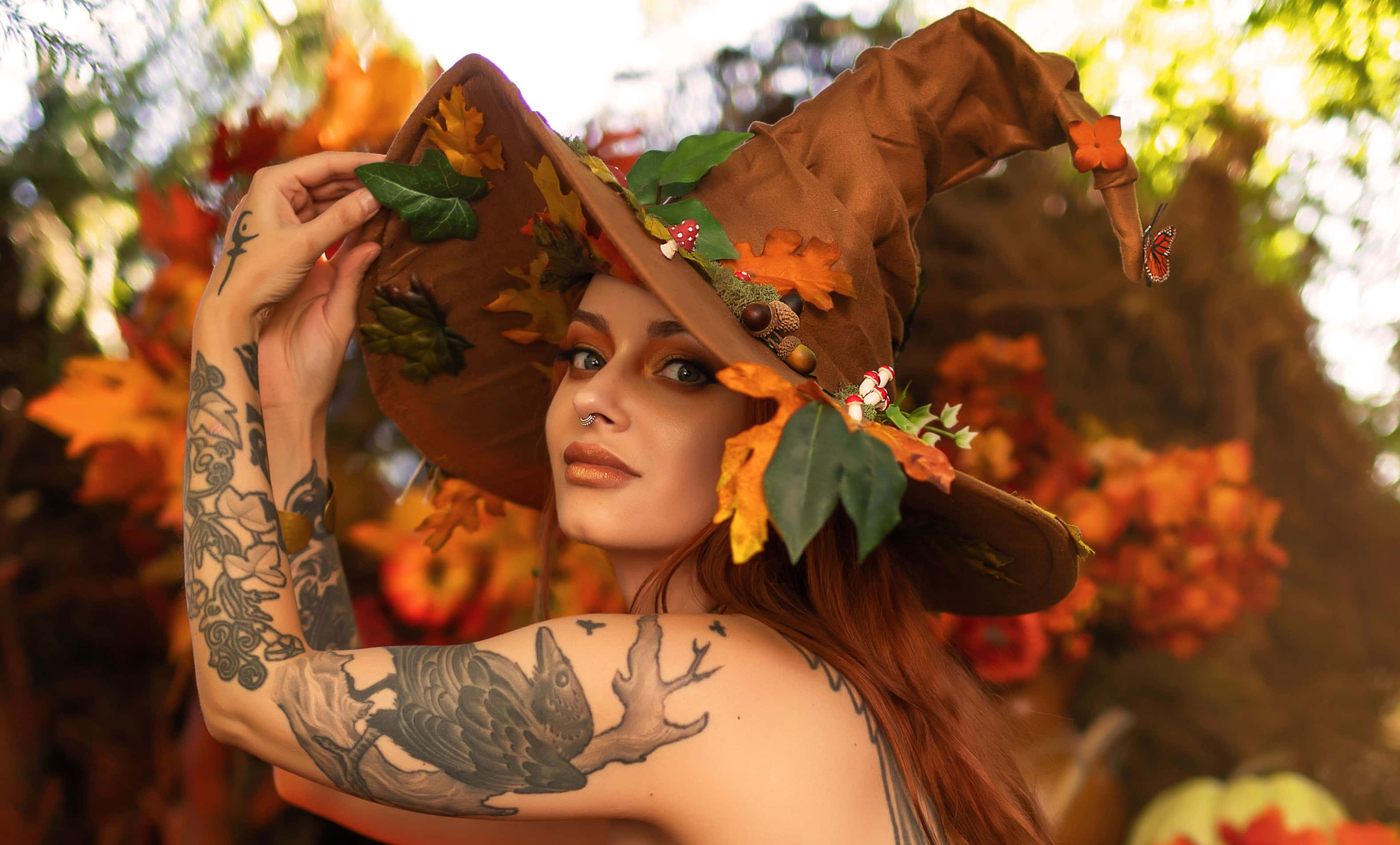 Halloween Tattoos, tattooed arms, leaf-adorned witch hat, 2K Desktop Wallpaper