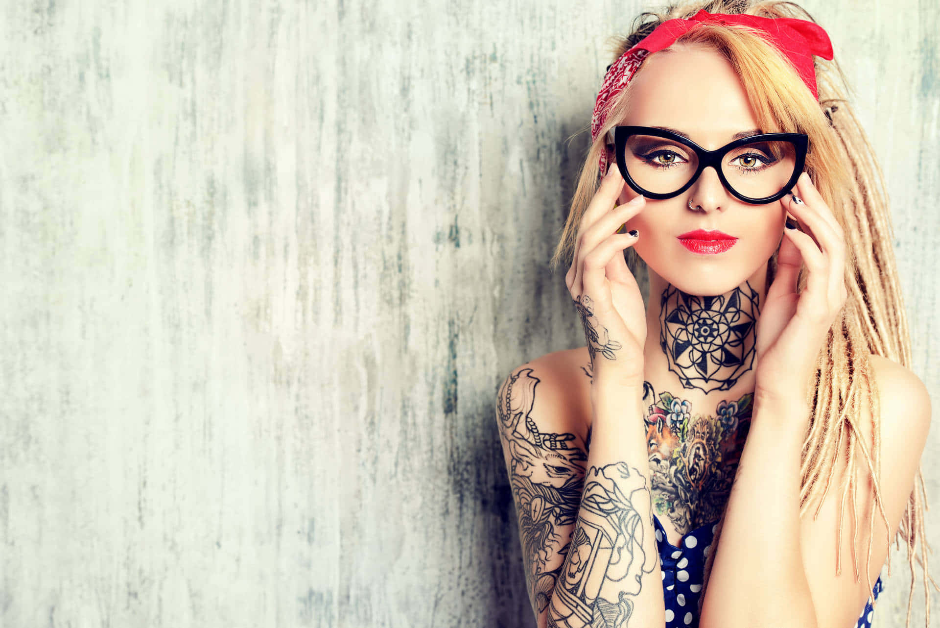 Halloween Tattoos, blonde dreadlocks, red bandana, Full HD Desktop Wallpaper