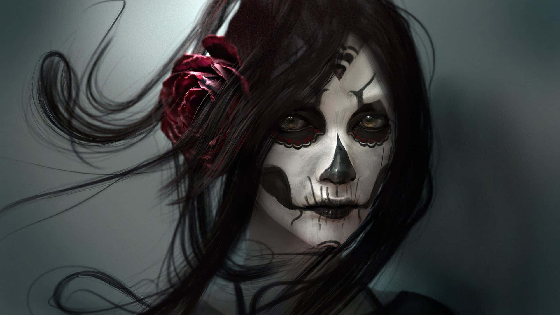 sugar skull makeup, red rose, dark hair, Full HD Desktop Wallpaper