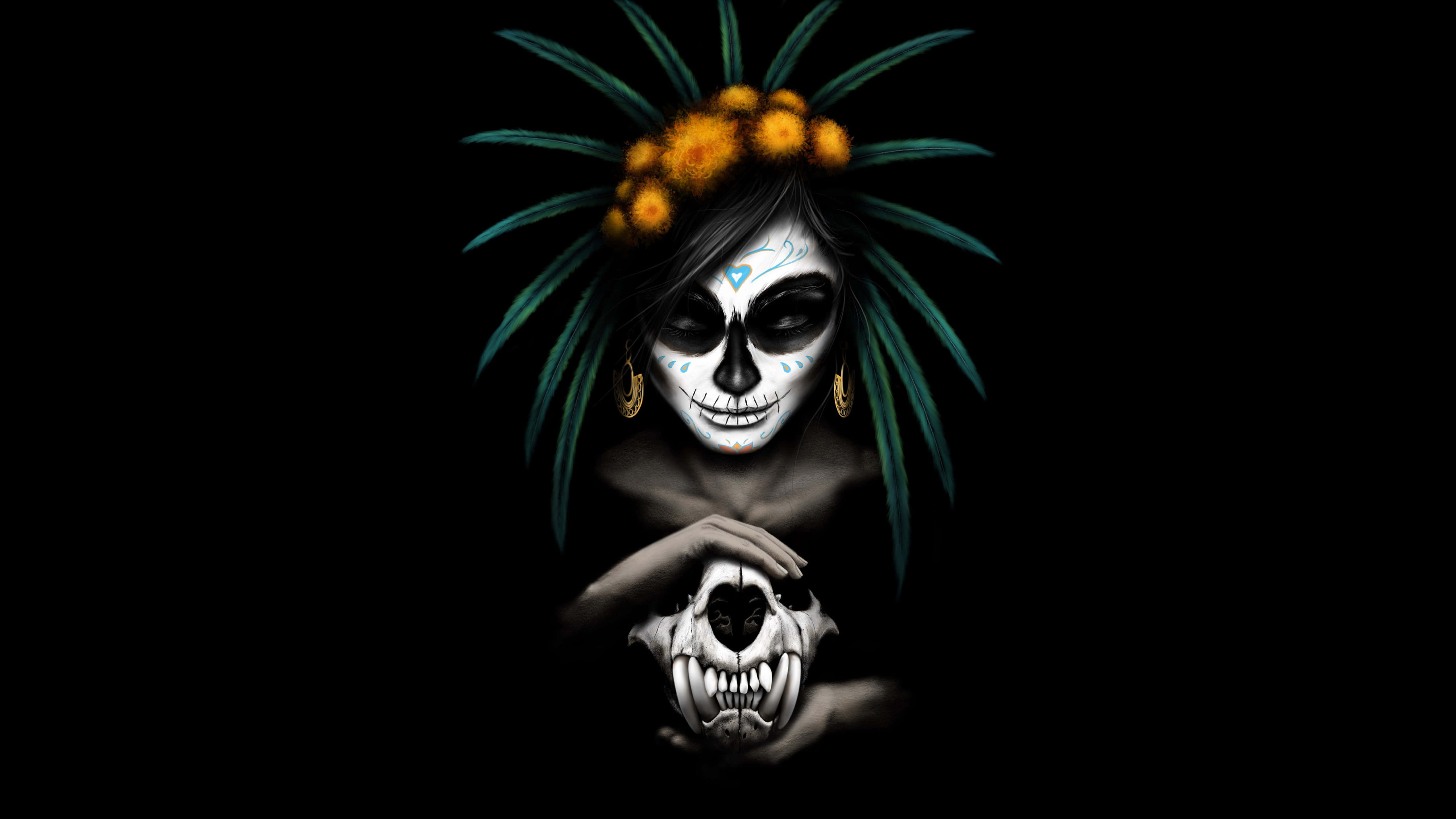 Halloween Tattoos, skeletal figure, vibrant orange marigold crown, 5K Desktop Wallpaper