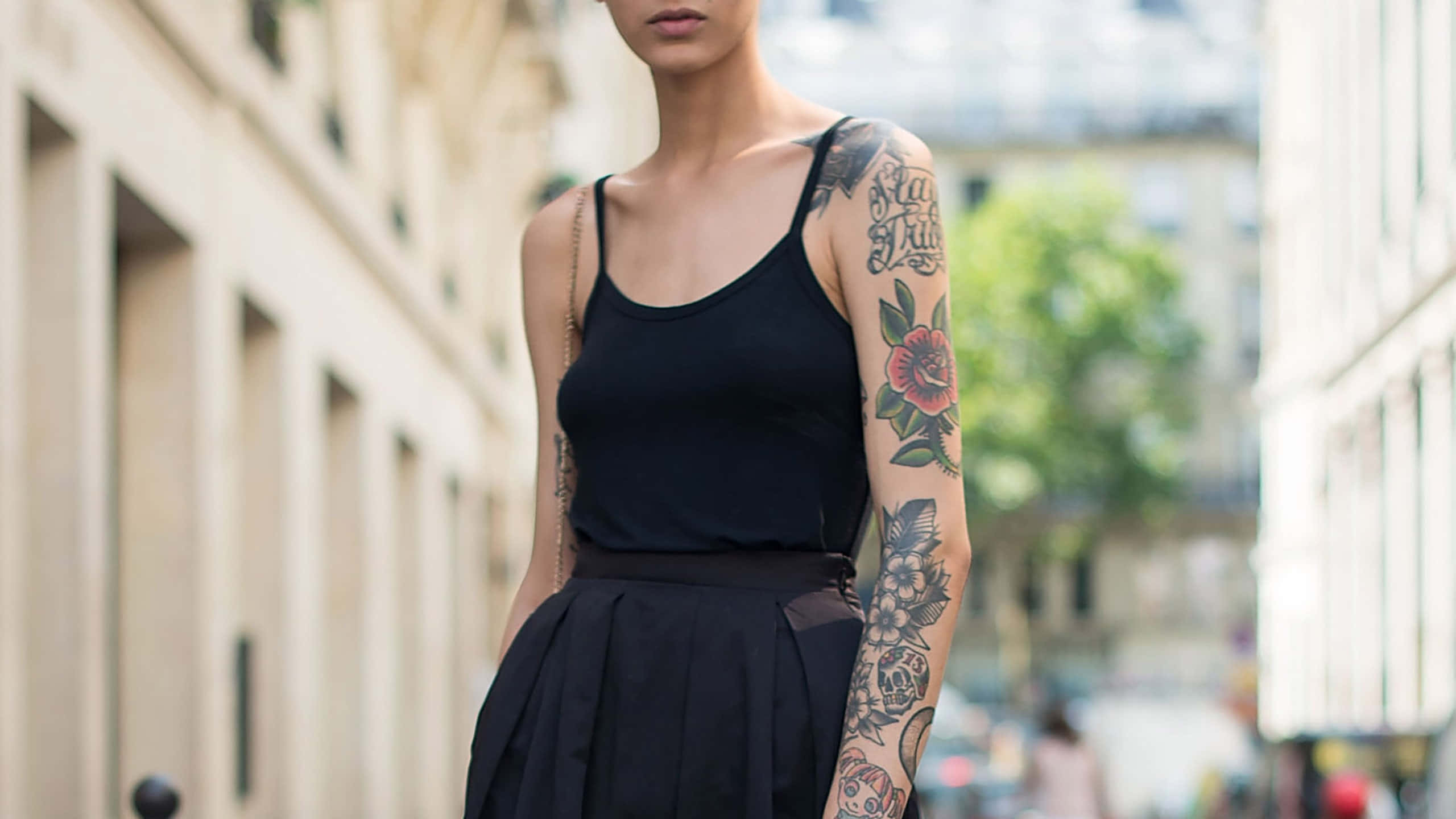 Halloween Tattoos, intricate tattoos, sunlit city street, 2K Desktop Wallpaper