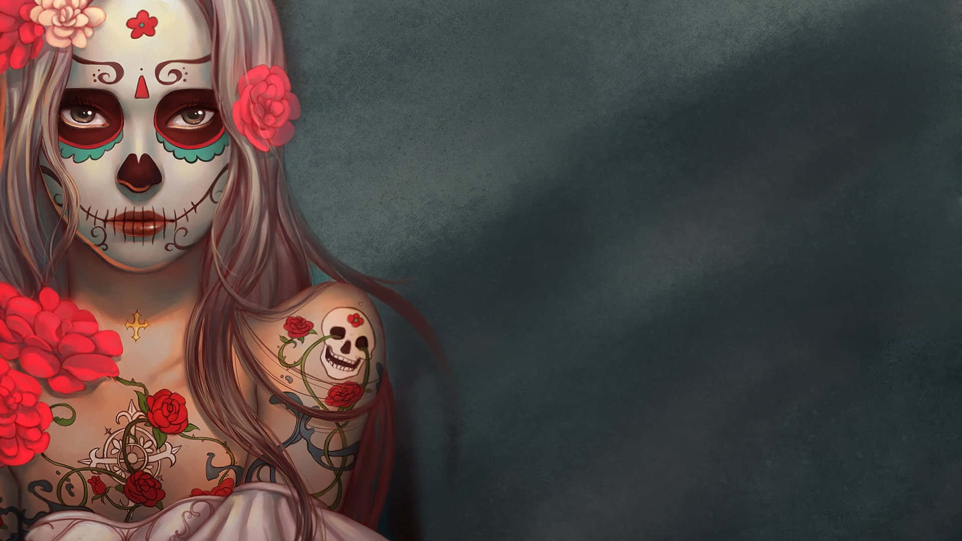sugar skull makeup, red roses, dark textured background, Full HD Desktop Wallpaper