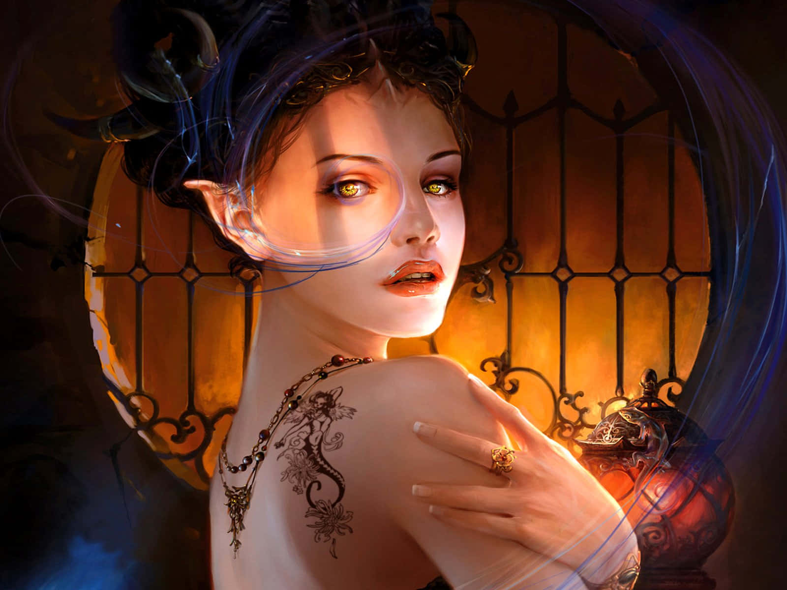 Halloween Tattoos, fantasy elf woman, glowing eyes, HD Desktop Wallpaper
