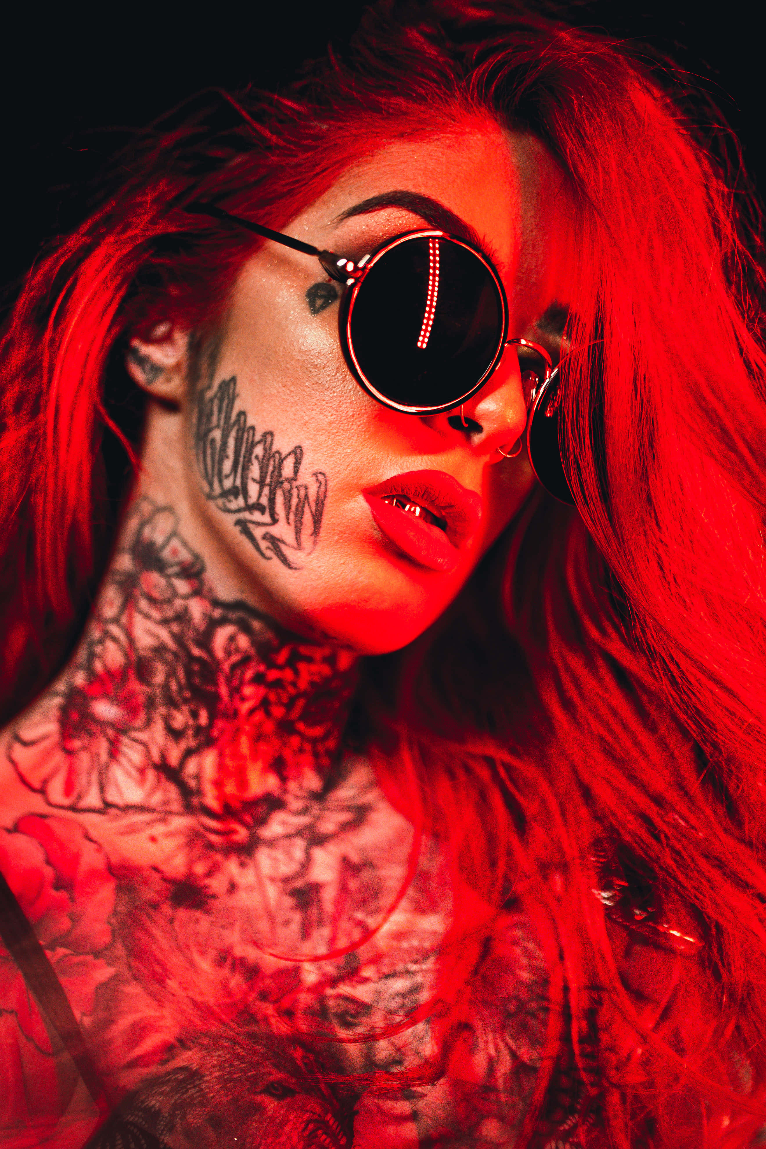 red lights, neck tattoo, red hair, 4K Phone Wallpaper