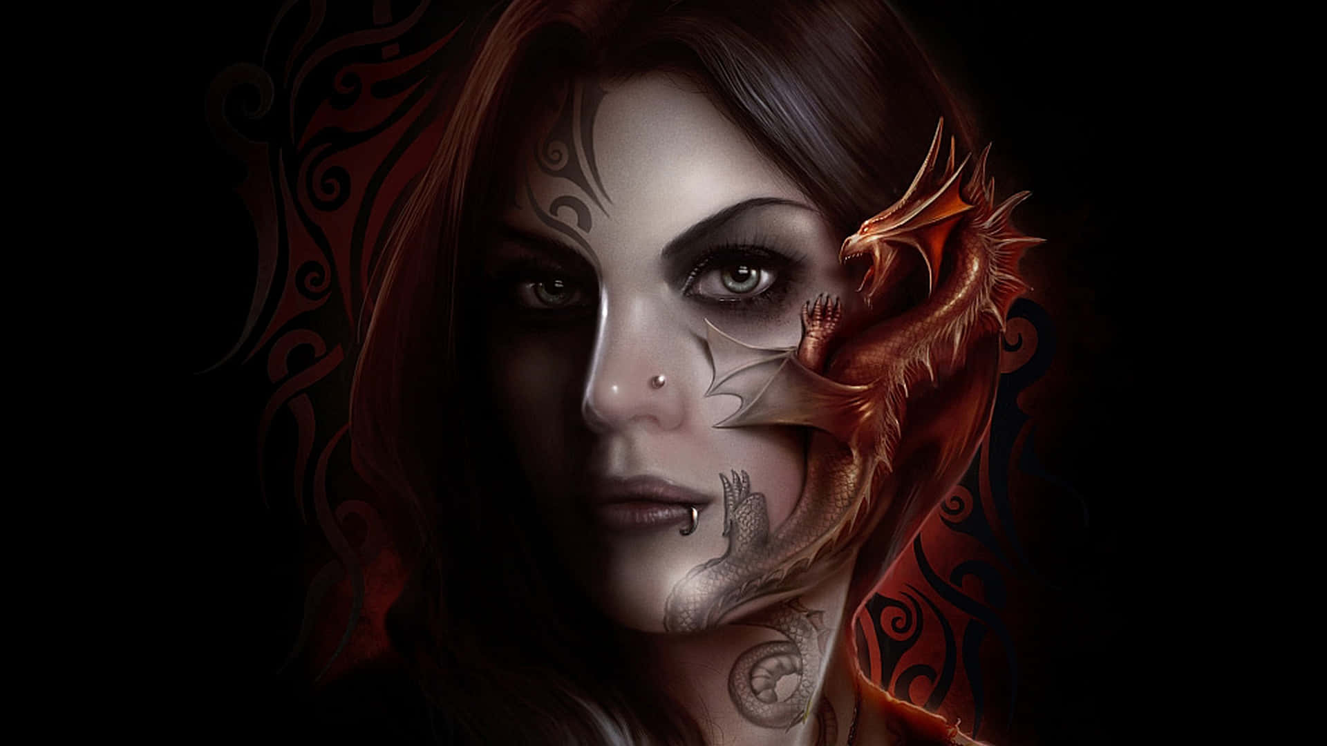 Halloween Tattoos, dragon motifs, swirling red patterns, Full HD Desktop Wallpaper