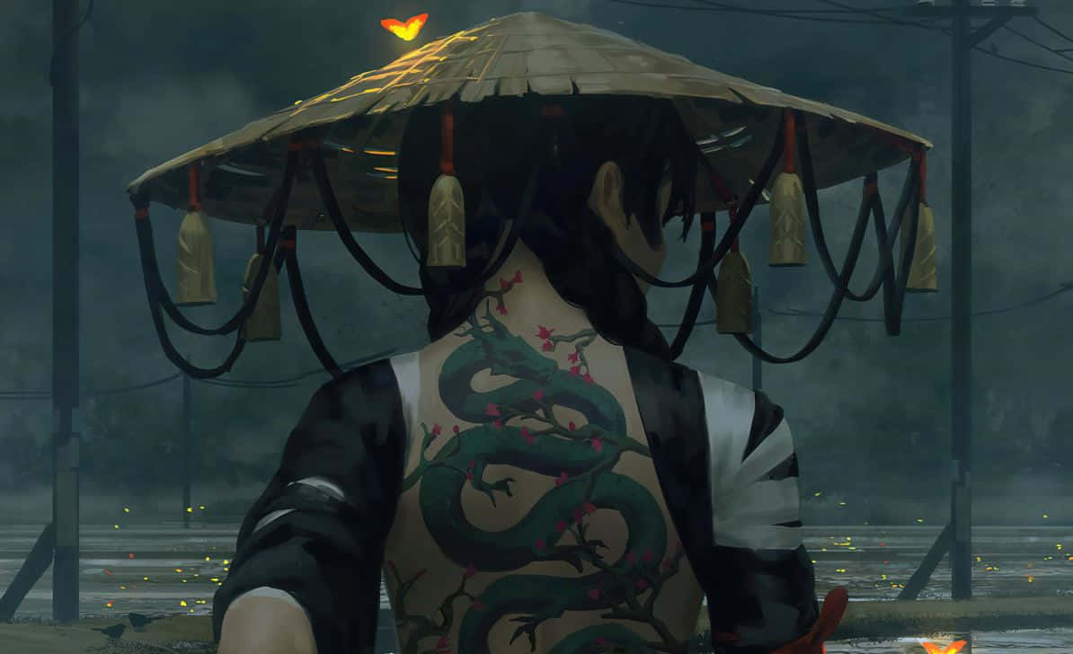 dragon tattoo, straw hat with tassels, misty rainy street, SD Desktop Wallpaper