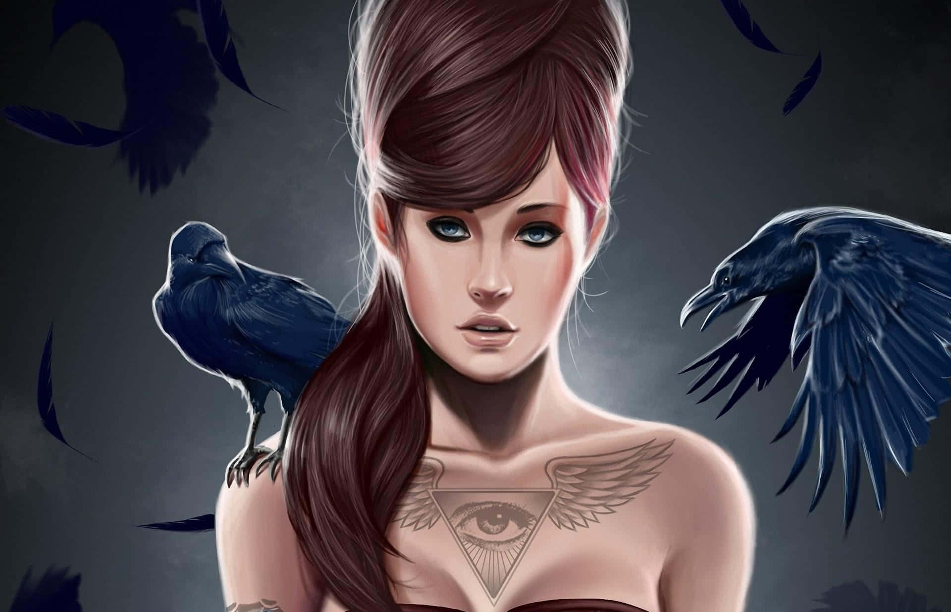 mystical eye tattoo, ravens, dark atmospheric scene, Full HD Desktop Wallpaper