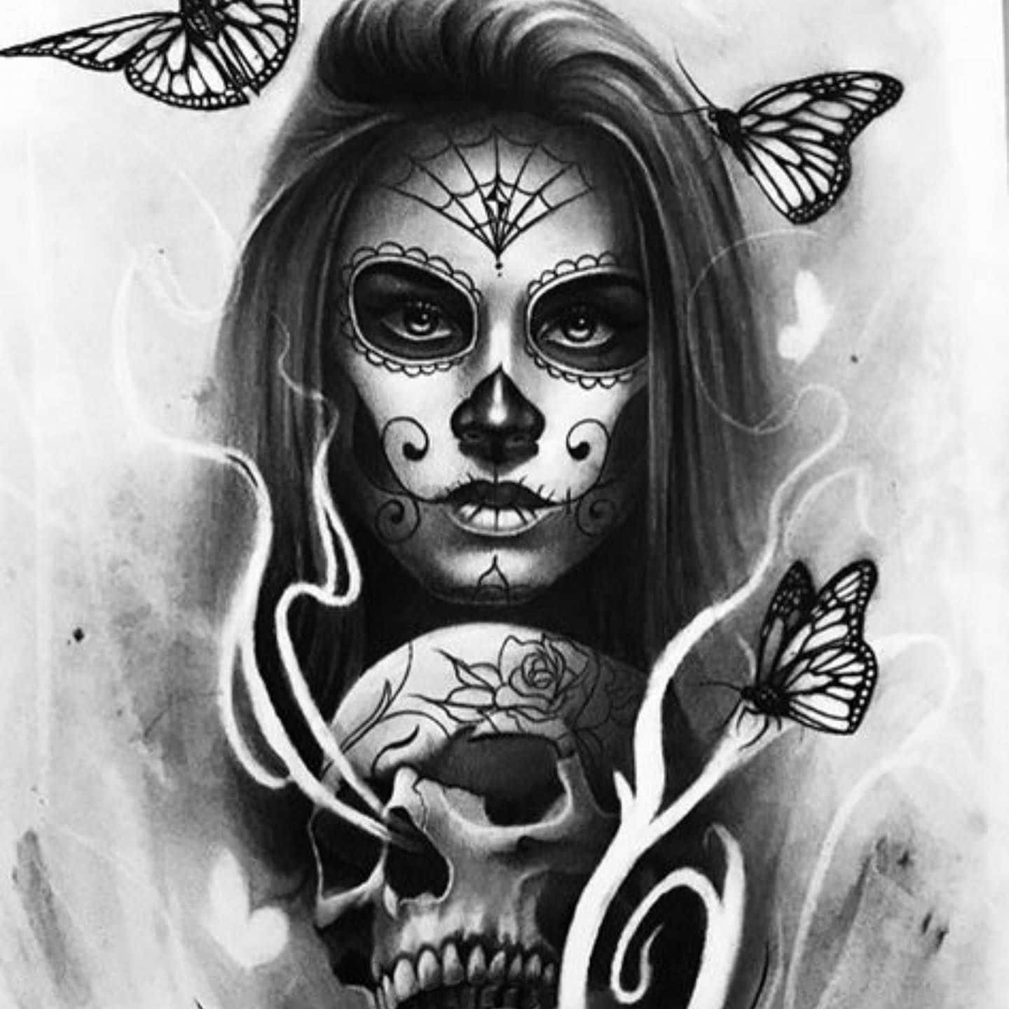 sugar skull makeup, monarch butterflies, skull, HD Desktop Wallpaper