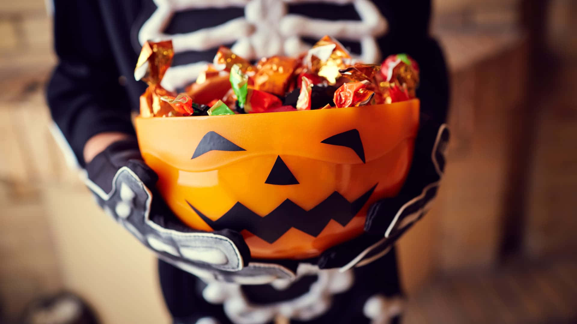 Halloween Treats, skeleton costume, jack-o'-lantern bowl, Full HD Desktop Wallpaper