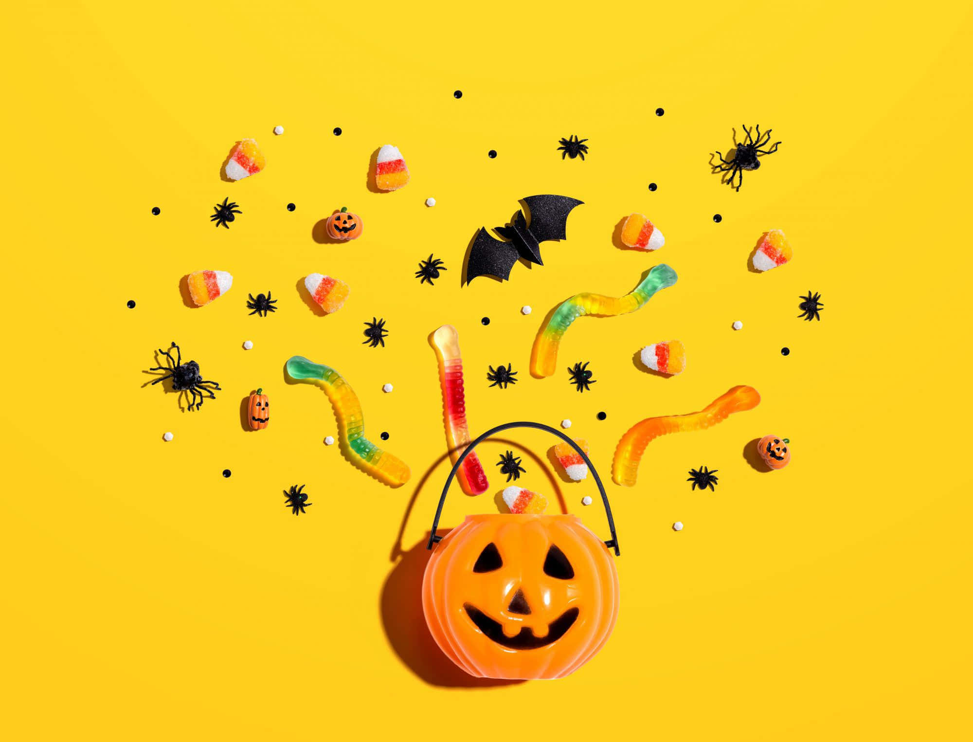 Halloween Treats, yellow background, gummy worms, Full HD Desktop Wallpaper