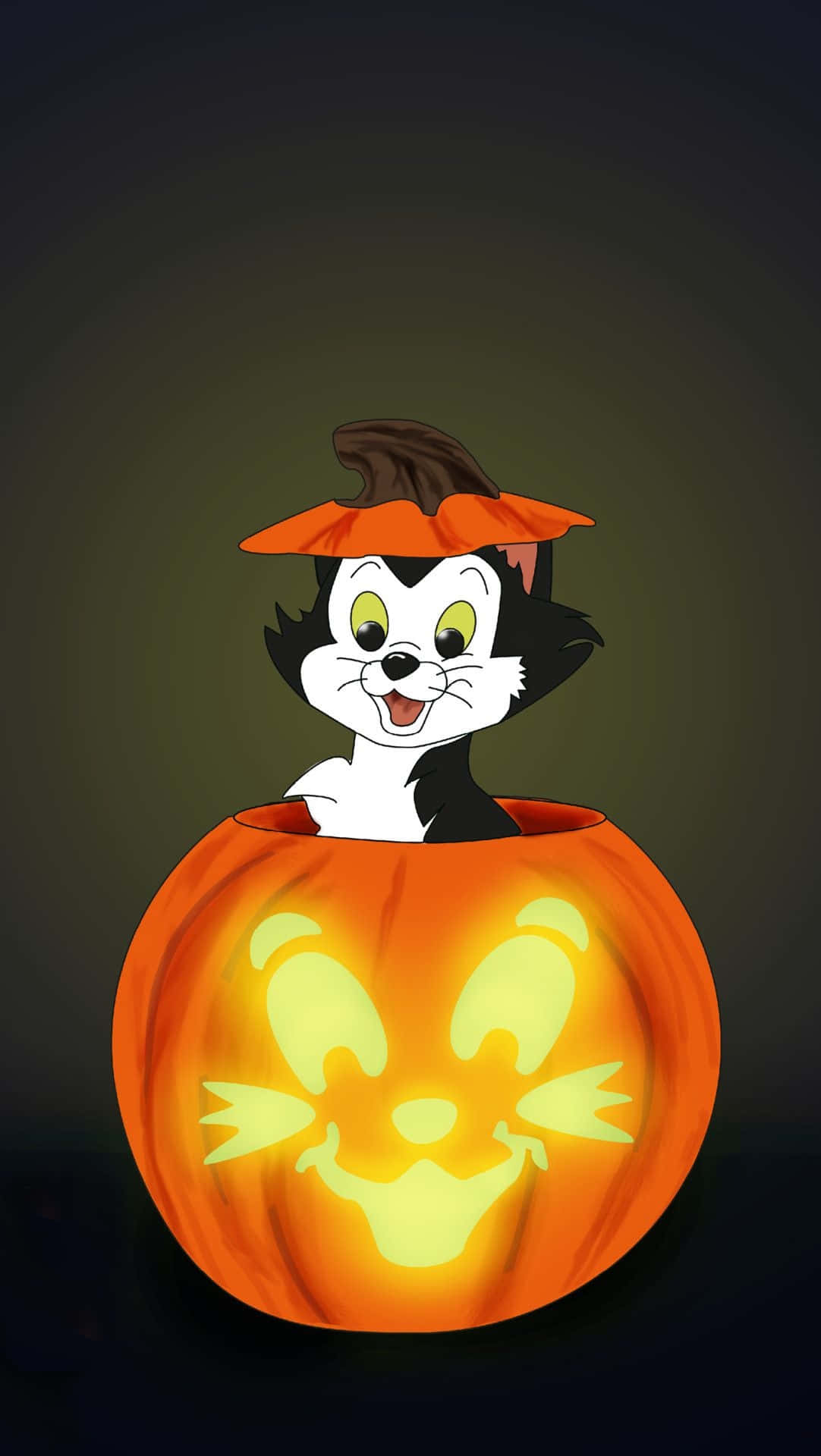 cartoon cat, glowing jack-o-lantern, tiny pumpkin hat, Full HD Phone Wallpaper