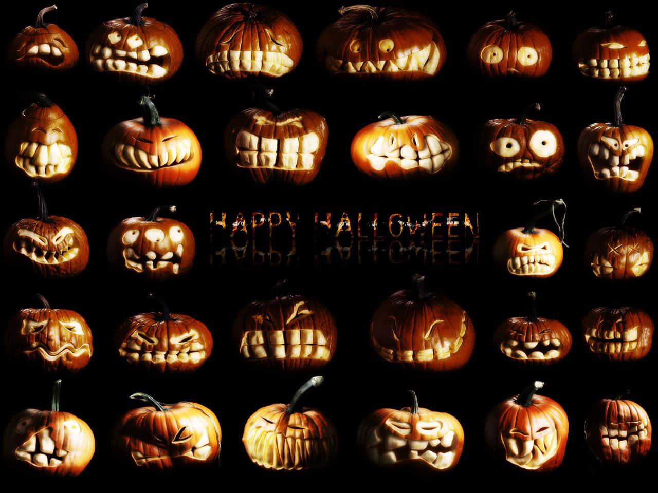 jack-o'-lanterns, black background, reflective 'happy halloween' text, HD Desktop Wallpaper