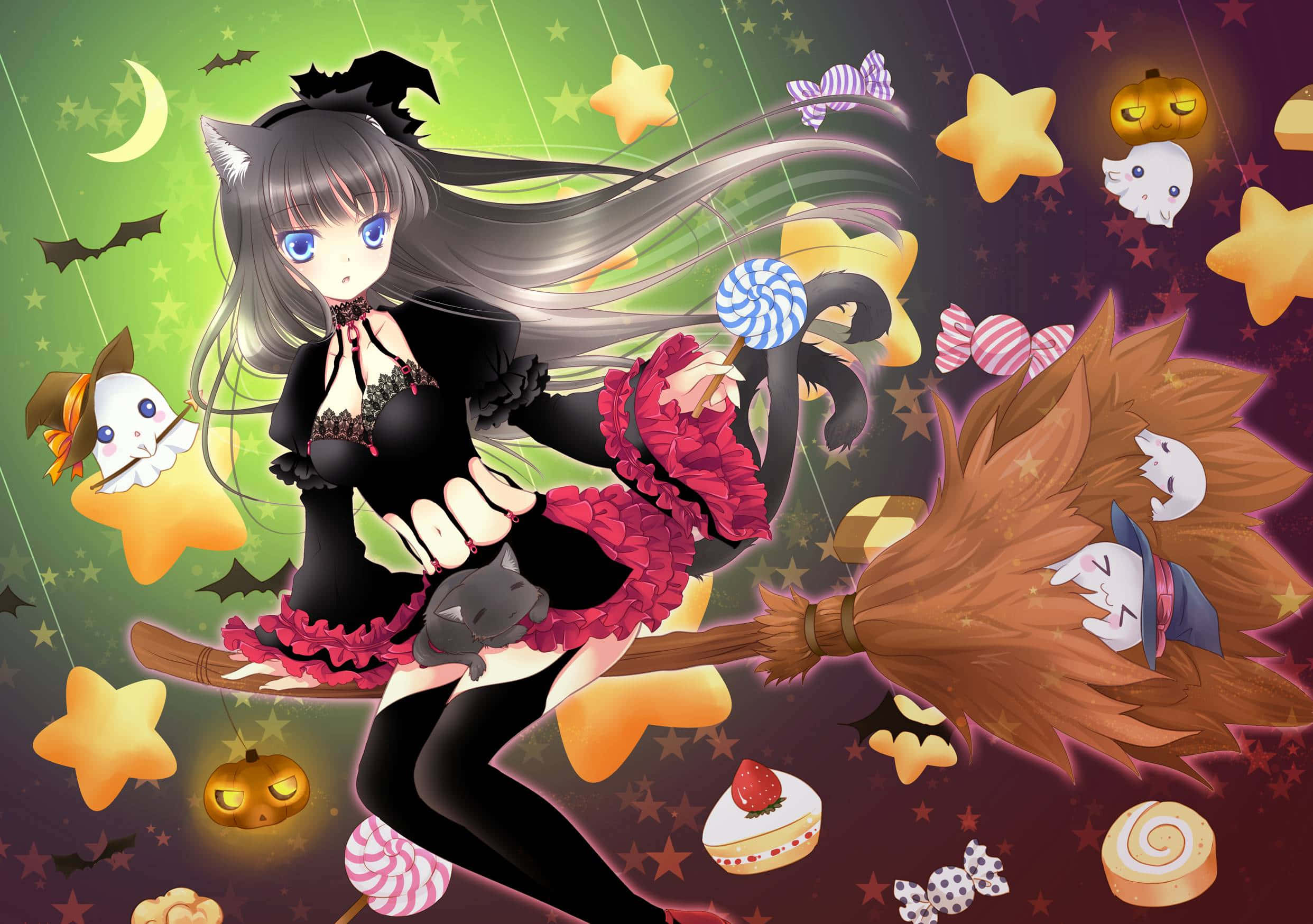 anime witch, cat ears, broomstick, Full HD Desktop Wallpaper