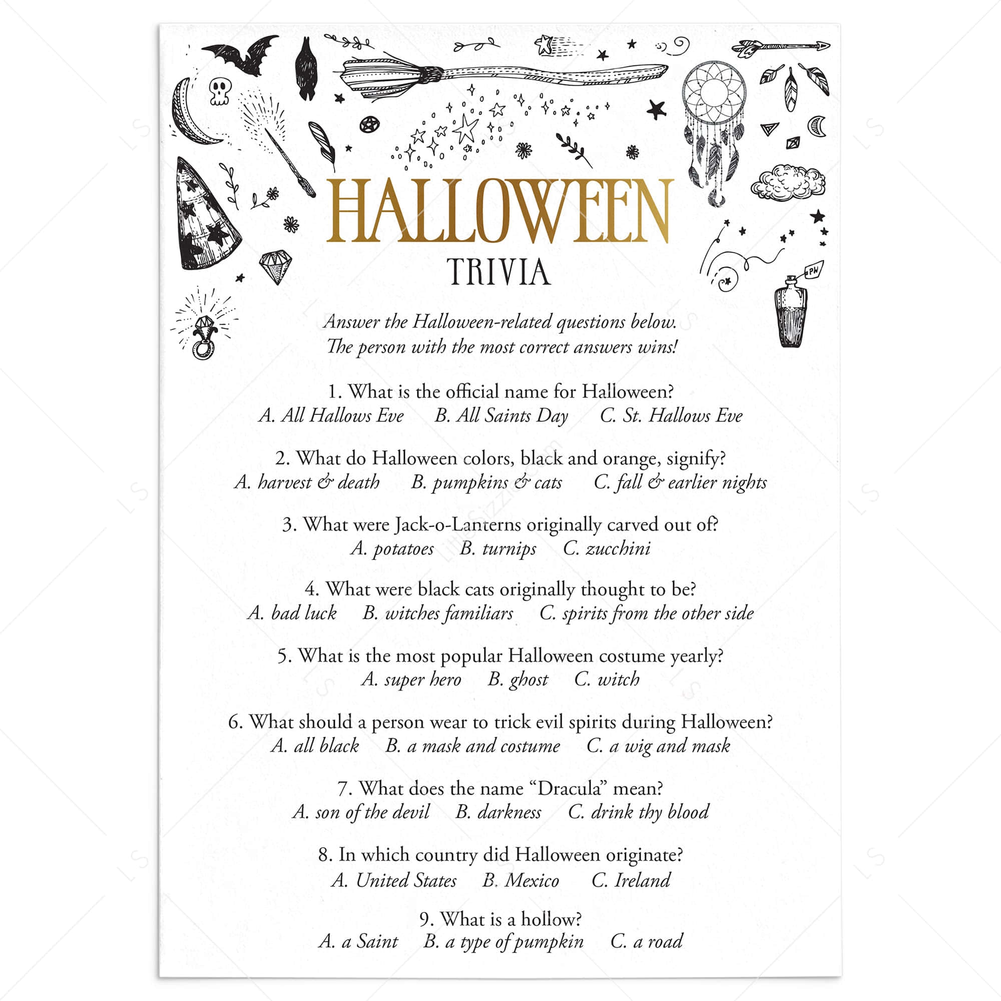 Halloween Trivia, spooky doodles, gold lettering, Full HD Desktop Wallpaper