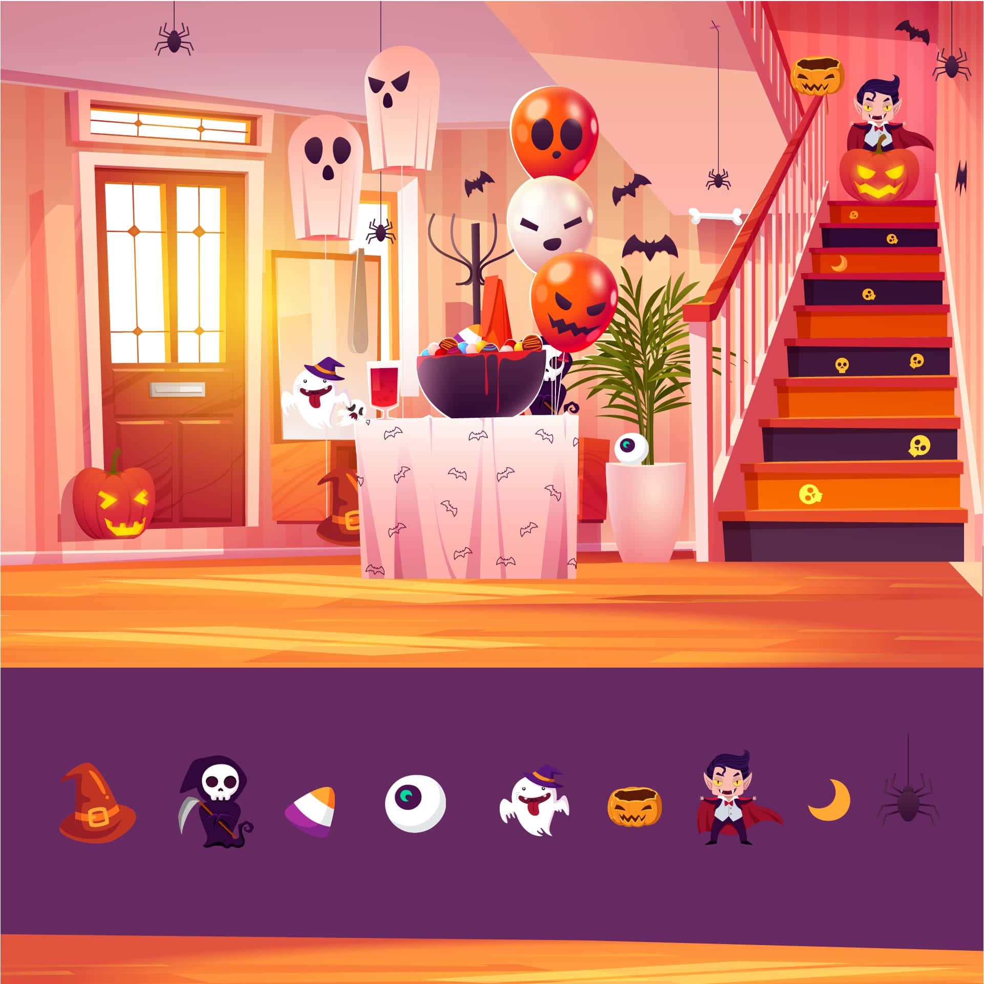 Halloween, cartoon Halloween party, warmly lit house, Full HD Desktop Wallpaper