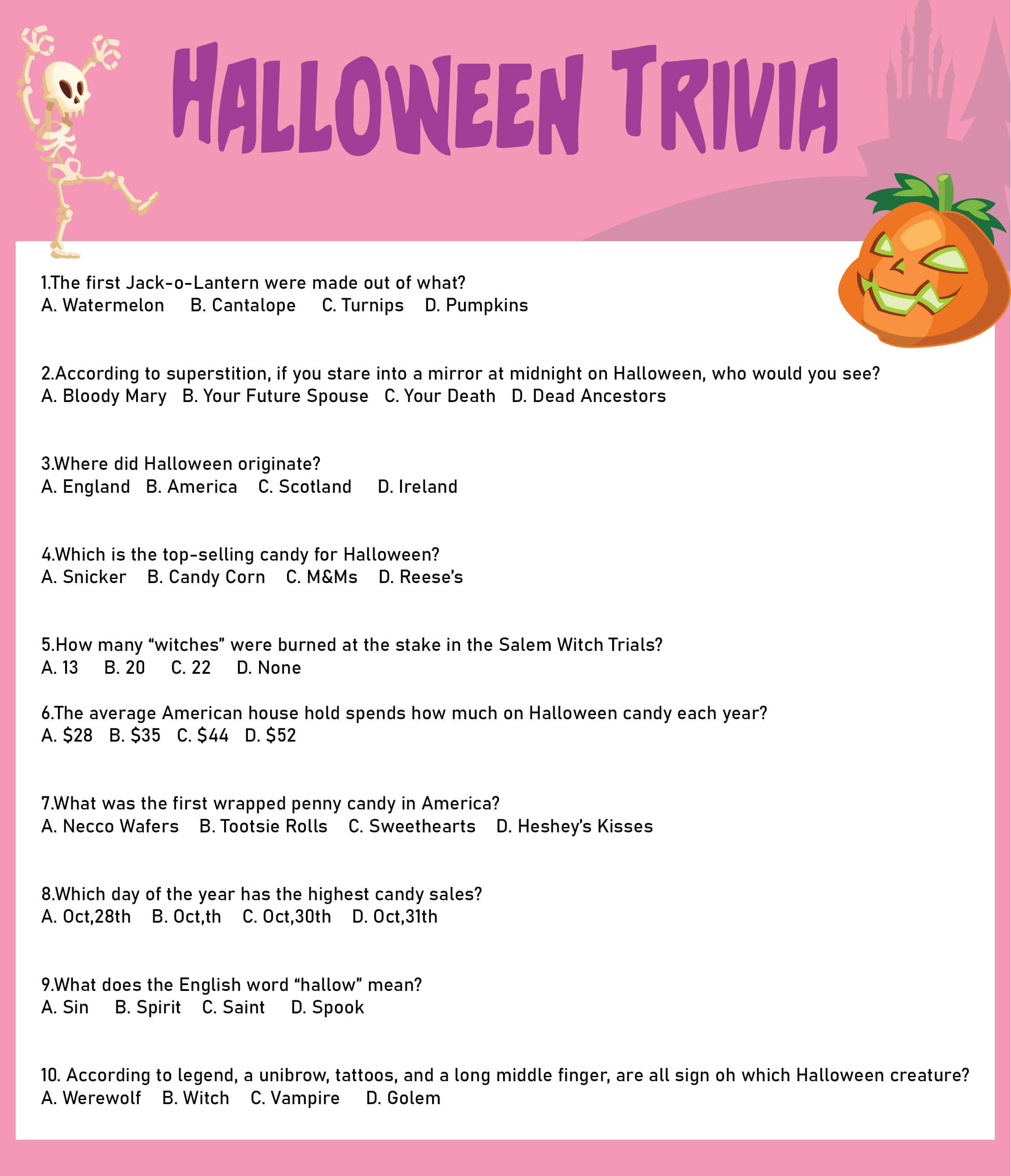 Halloween Trivia, pink, cartoon skeleton, 2K Phone Wallpaper