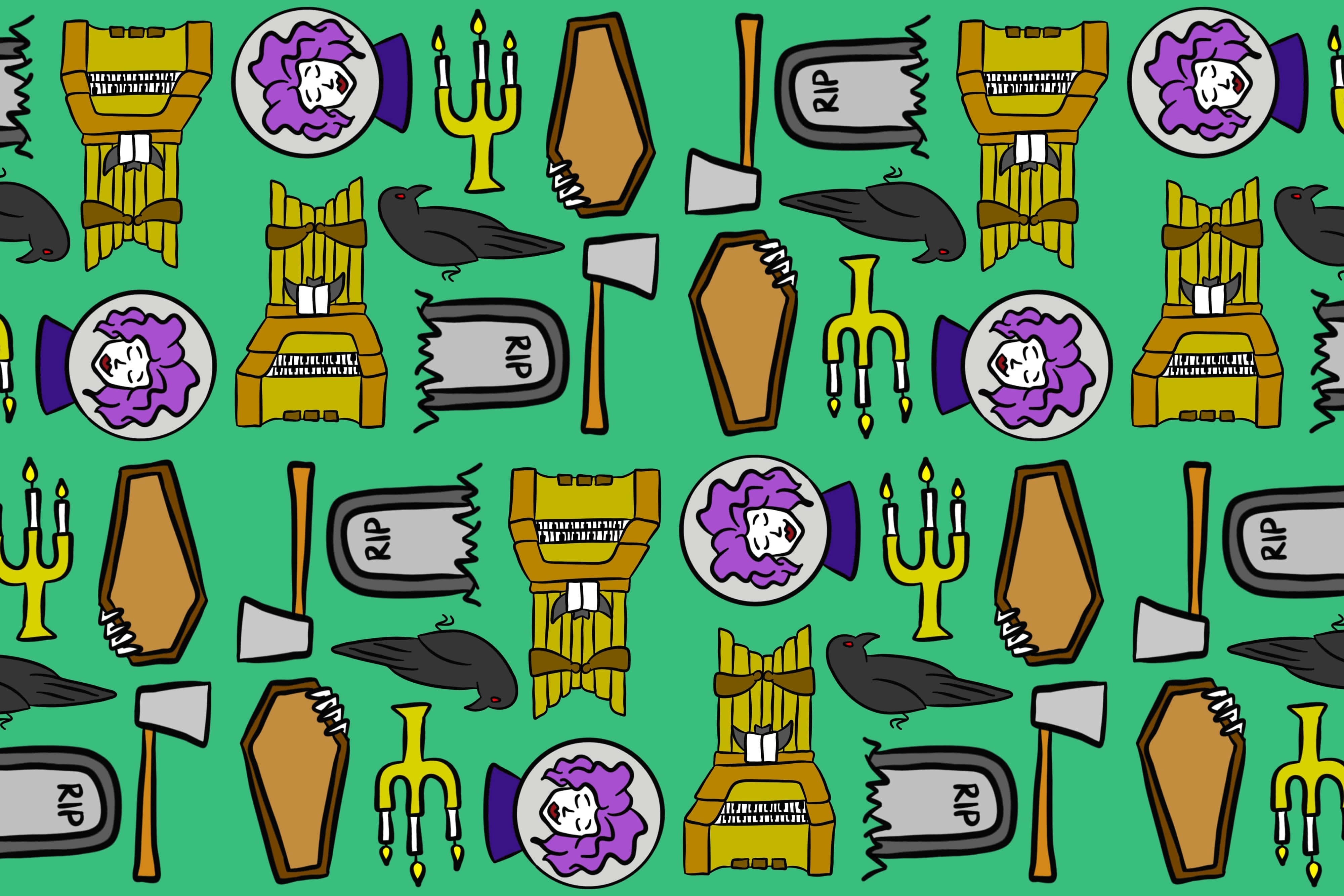 Halloween puzzles, cartoonish Halloween icons, coffins, 4K Desktop Wallpaper
