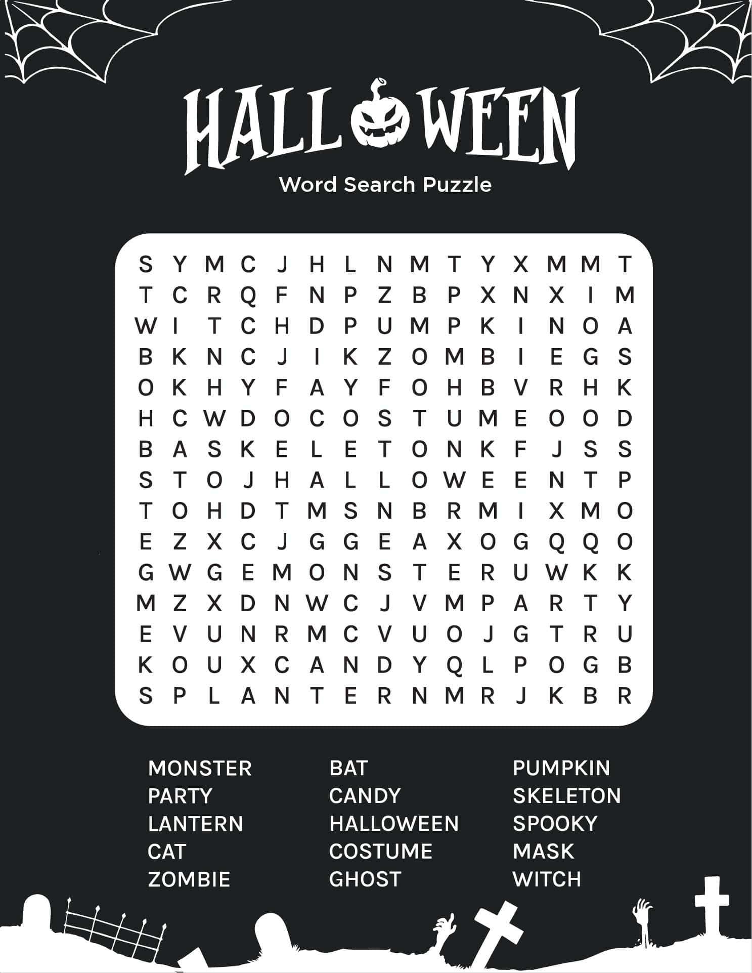 Halloween word search puzzle, spooky white text, black background, Full HD Phone Wallpaper