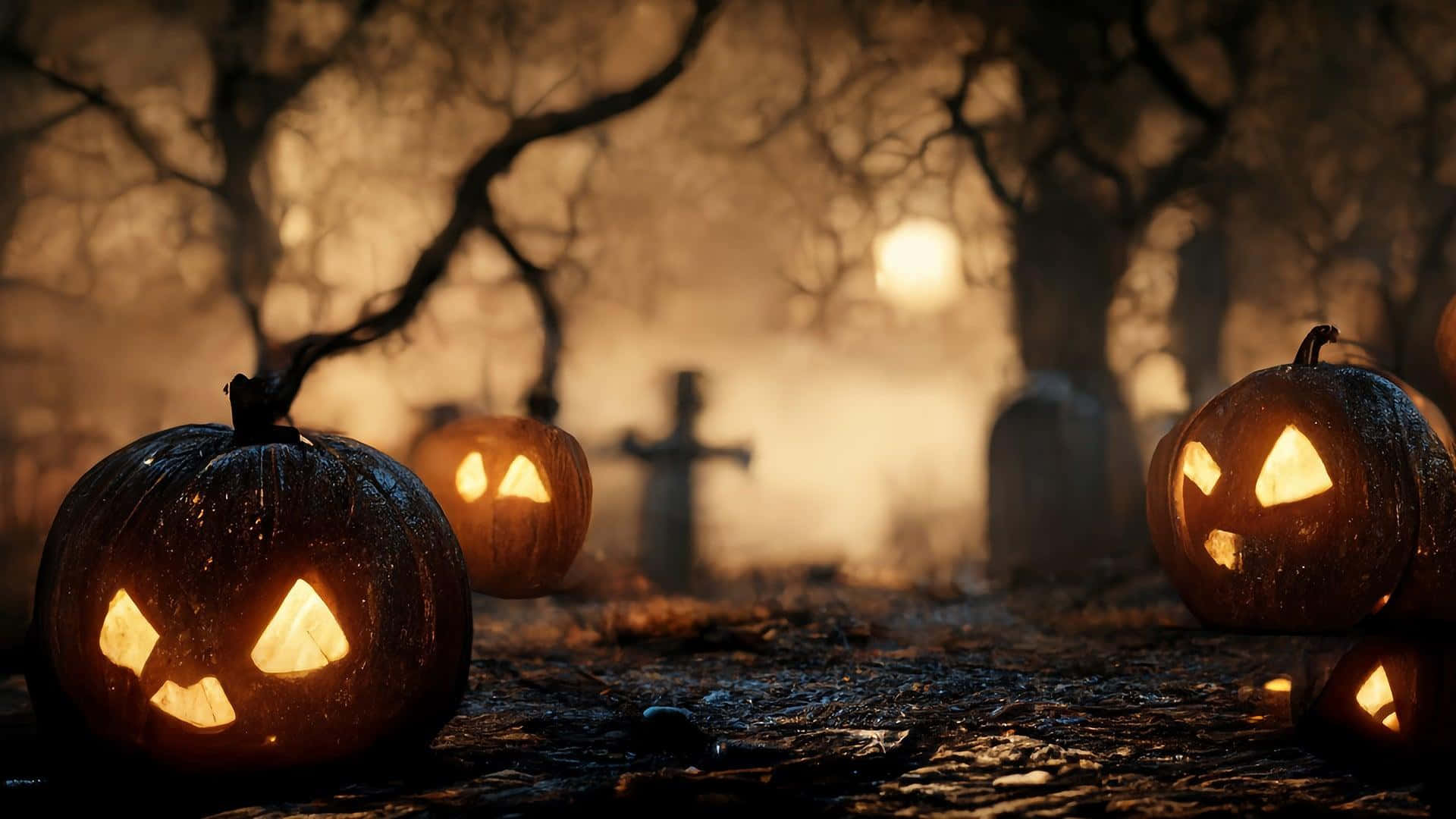 jack-o-lanterns, misty graveyard path, hazy moonlit sky, Full HD Desktop Wallpaper