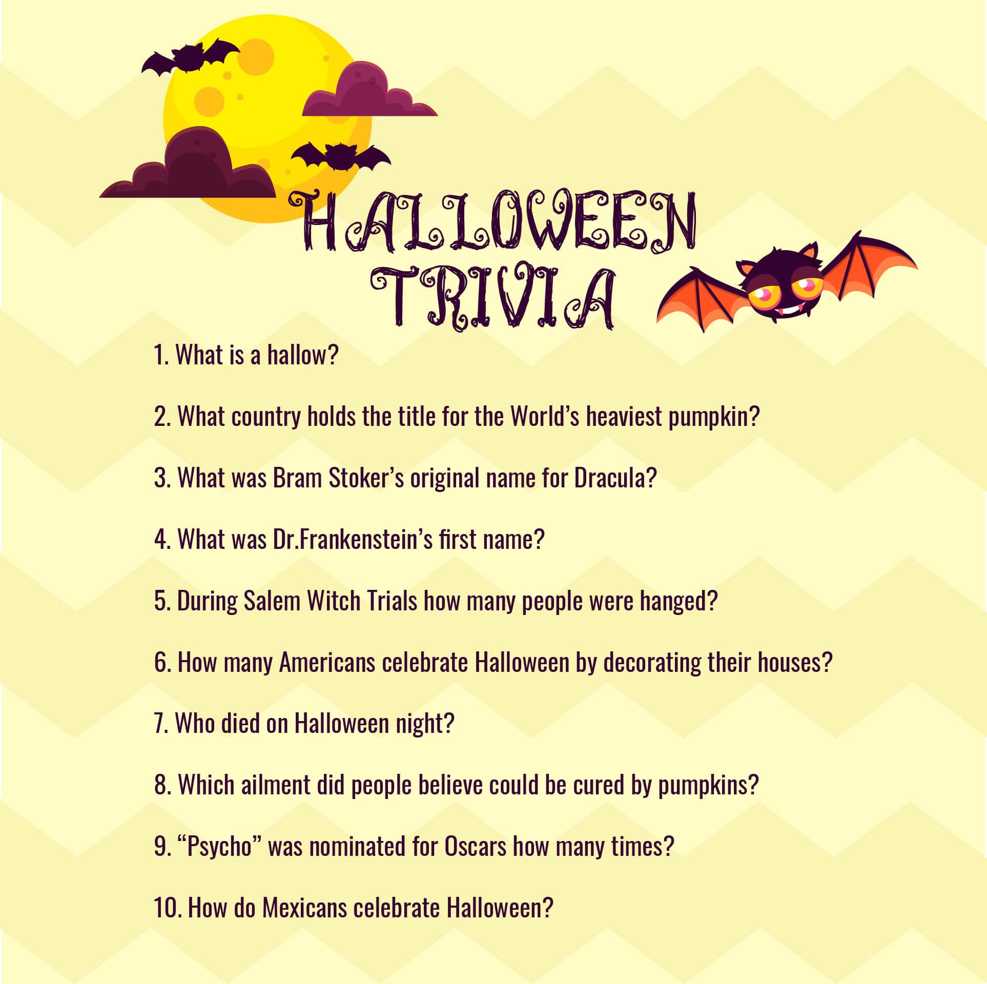 Halloween Trivia, bats, yellow moon, Full HD Desktop Wallpaper