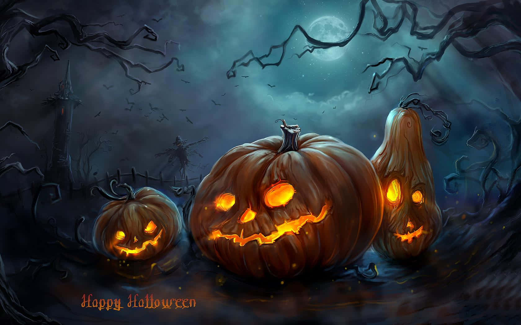 jack-o-lanterns, spooky graveyard, full moon, HD Desktop Wallpaper