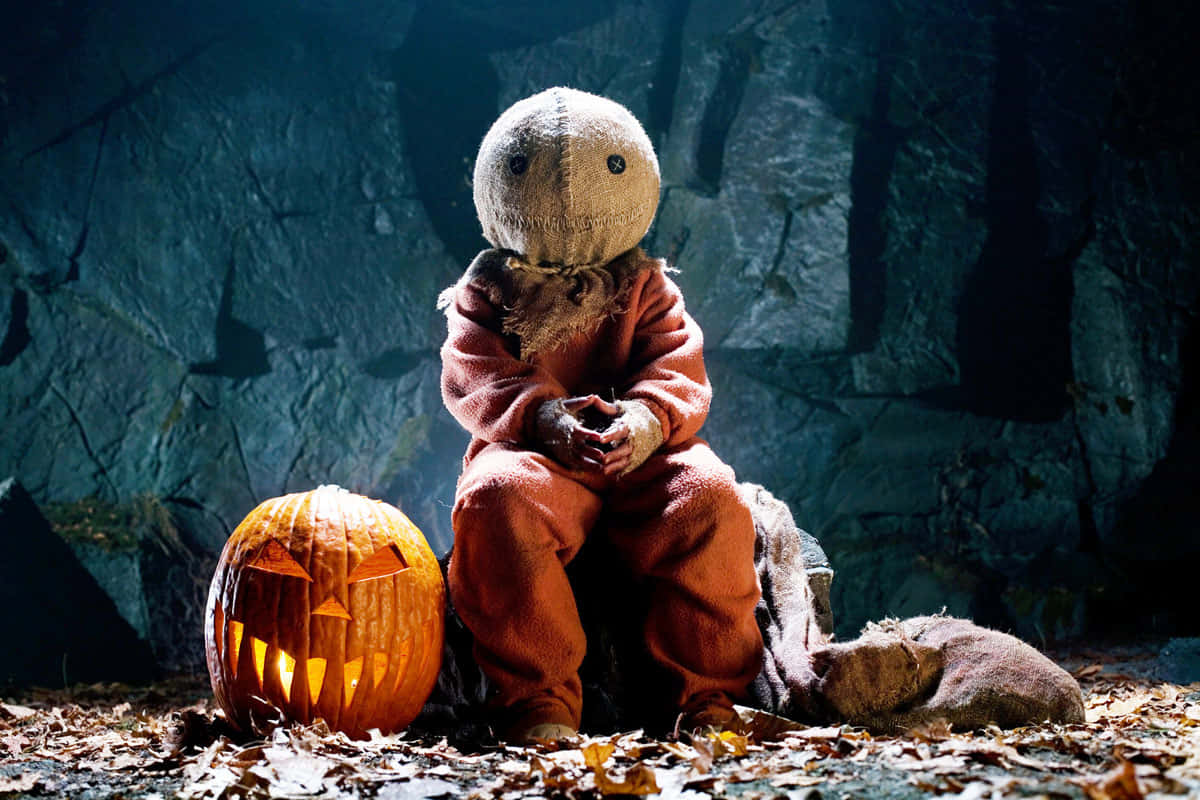 creepy burlap doll, jack o lantern, red jumpsuit, SD Desktop Wallpaper