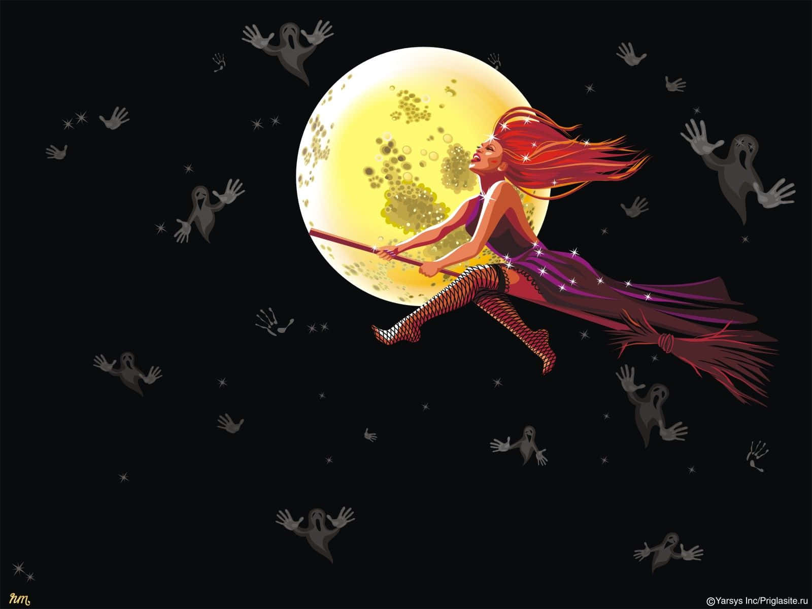 Halloween Witch Aesthetic, fiery red hair, broomstick, HD Desktop Wallpaper