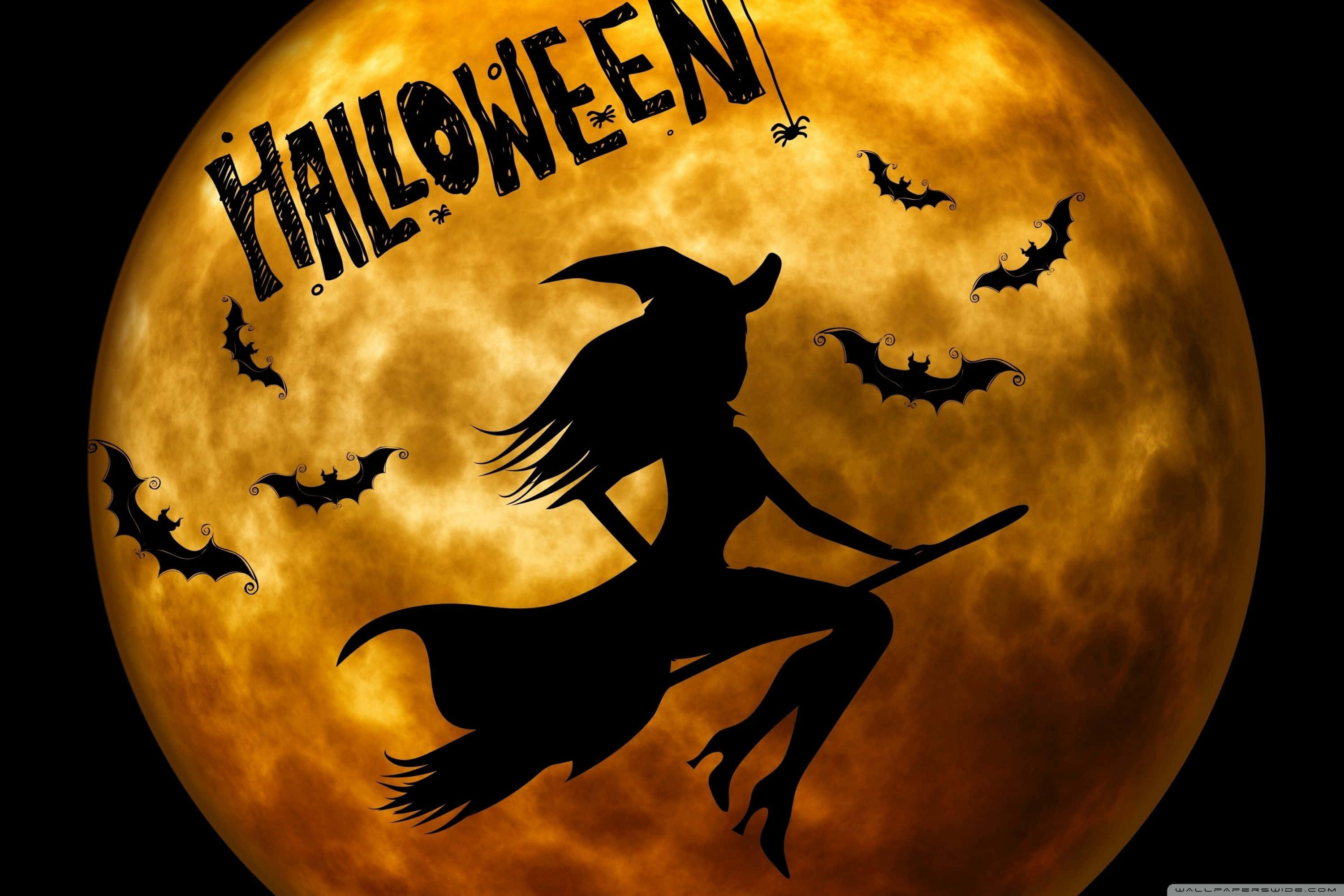Halloween Witch Aesthetic, broomstick, glowing orange full moon, 2K Desktop Wallpaper