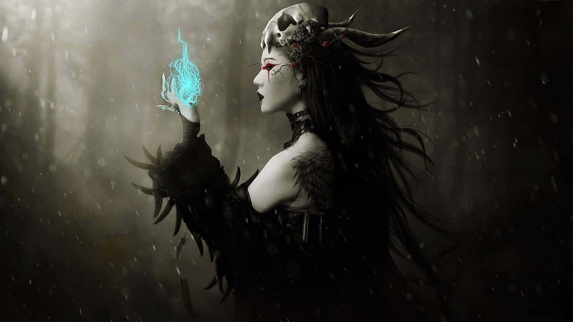Halloween Witch Aesthetic, skull headdress, glowing blue magic, Full HD Desktop Wallpaper