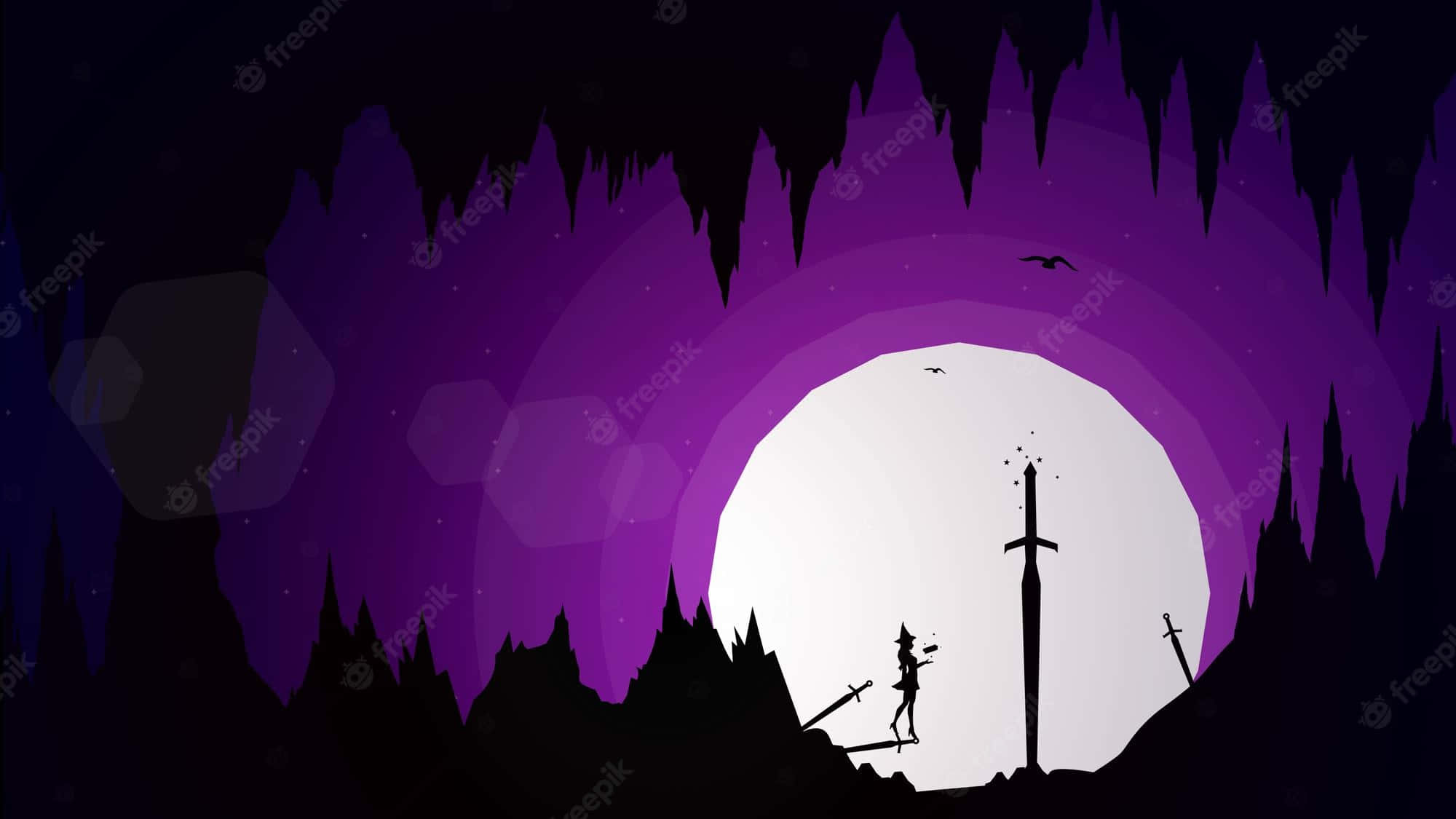 Halloween Witch Aesthetic, purple cavern, glowing sword, Full HD Desktop Wallpaper