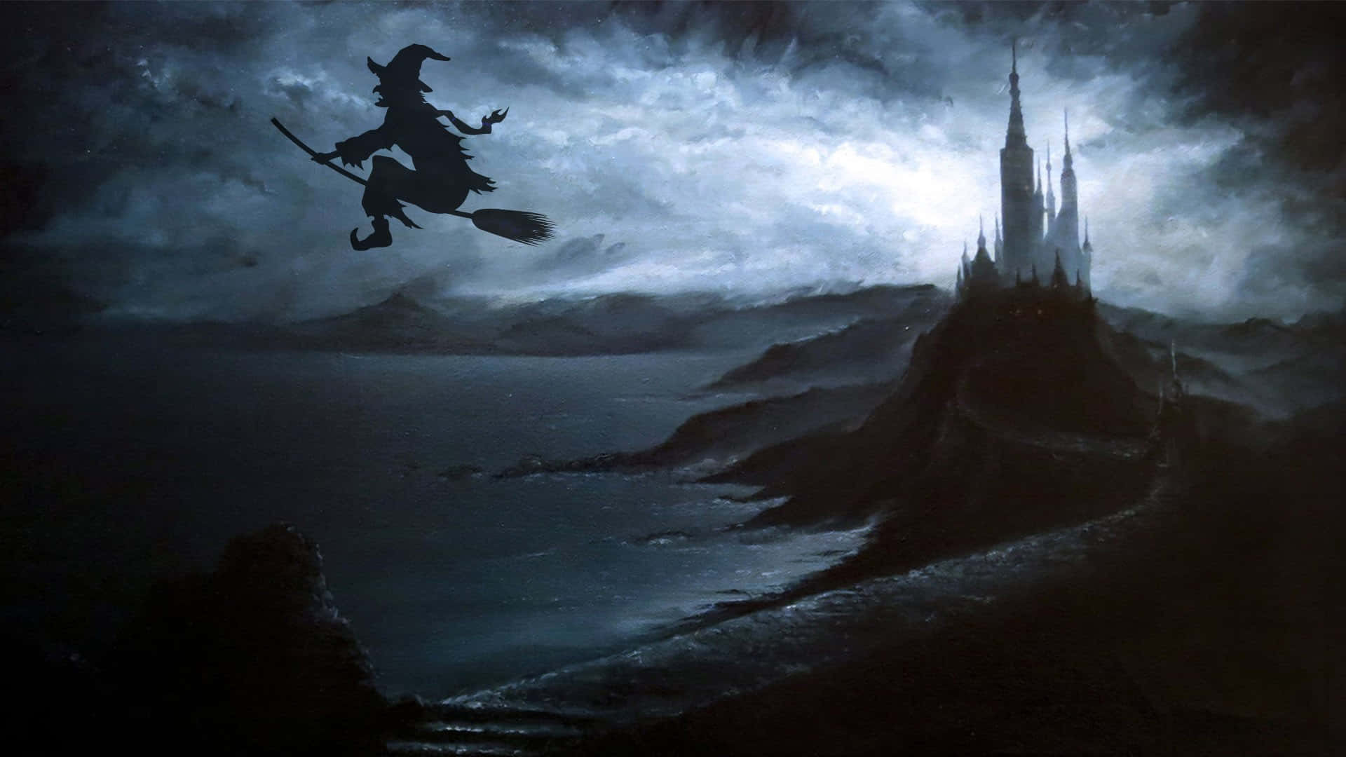 Halloween Witch Aesthetic, broomstick, stormy sea, Full HD Desktop Wallpaper