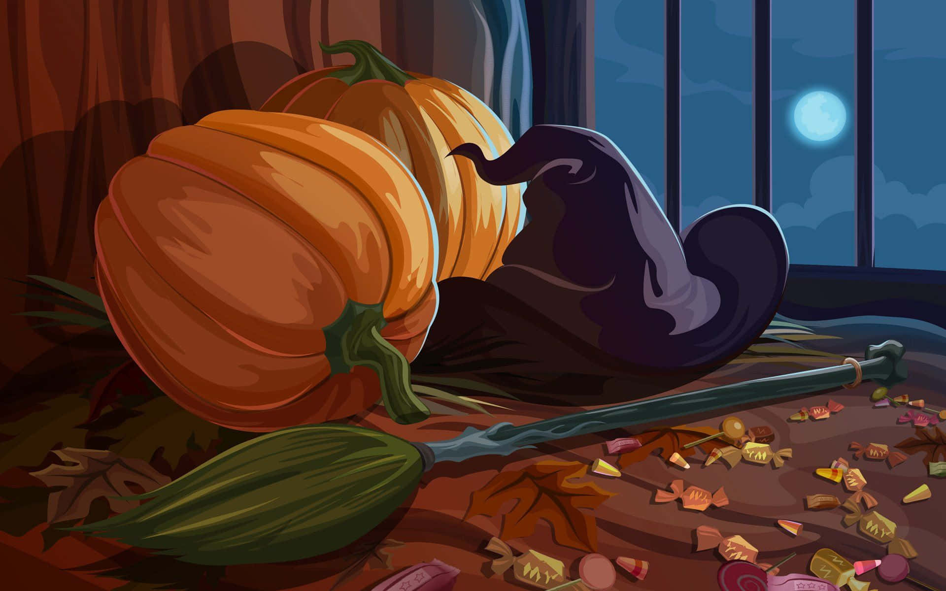 witch's hat, broom, pumpkins, Full HD Desktop Wallpaper