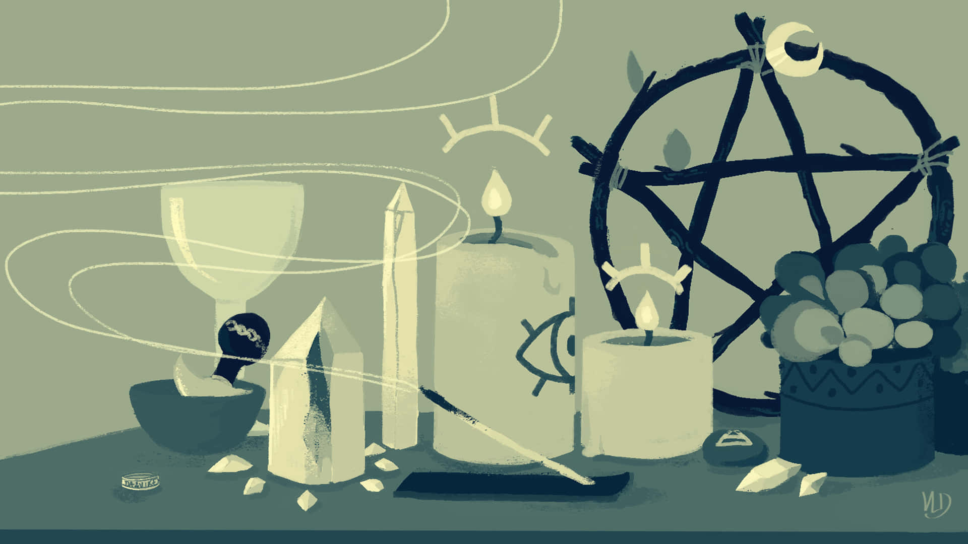 Halloween Witch Aesthetic, candles, crystals, Full HD Desktop Wallpaper