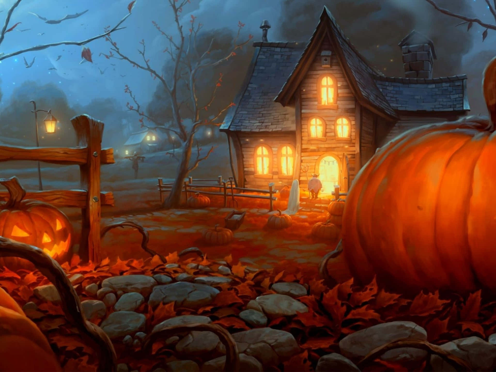 Halloween Yard Decorations, haunted house, giant pumpkins, Full HD Desktop Wallpaper