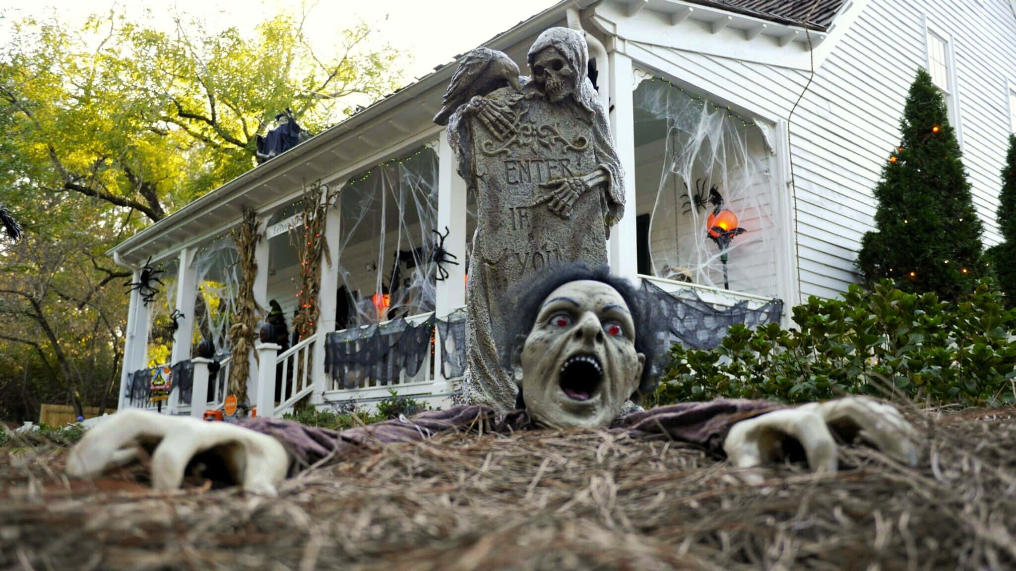 Halloween Yard Decorations, zombie head, skeletal figure, Full HD Desktop Wallpaper