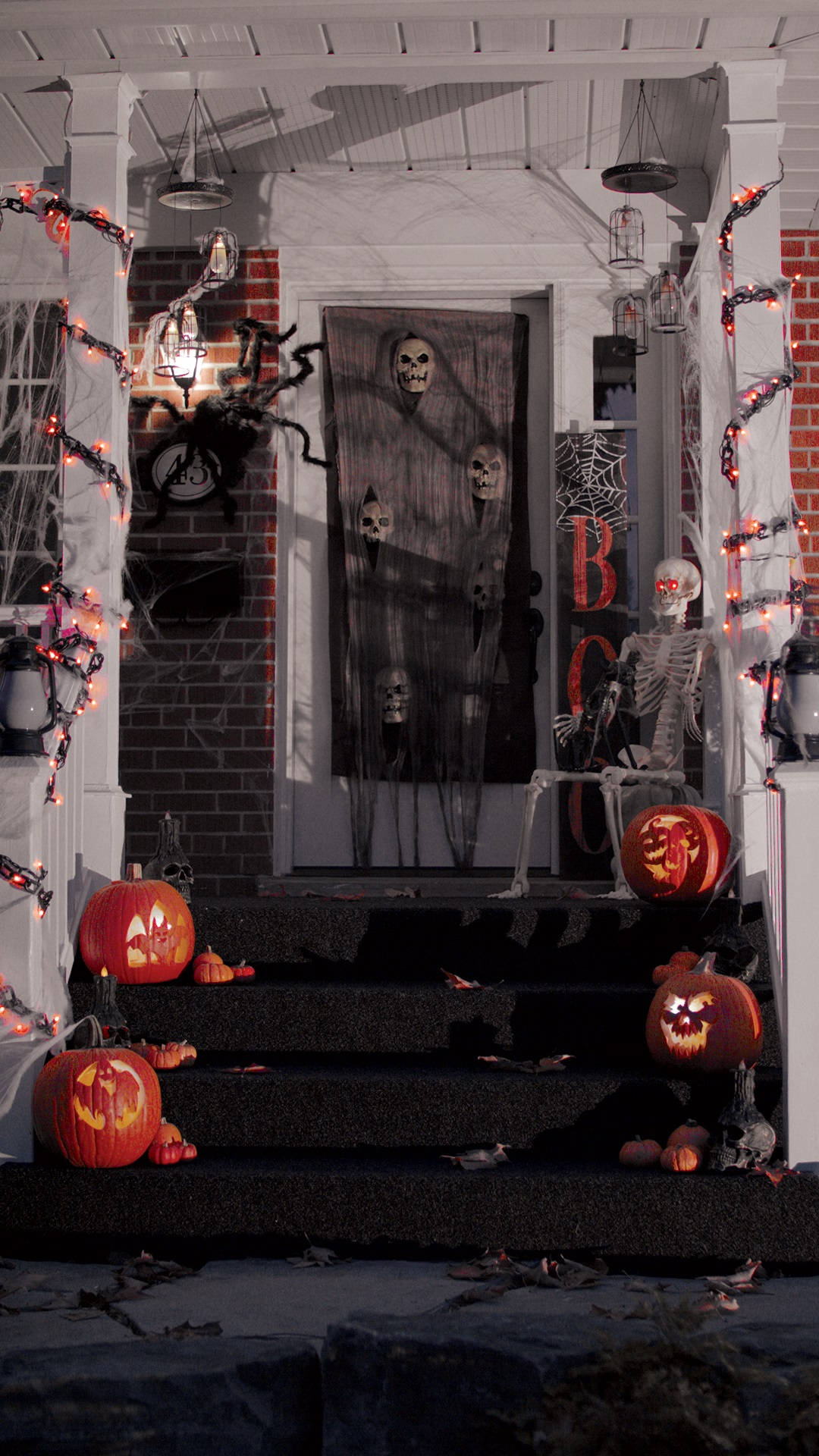 Halloween, porch, glowing jack-o'-lanterns, Full HD Phone Wallpaper