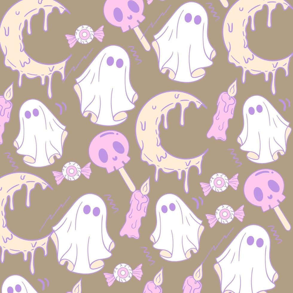 pastel halloween pattern, cute ghosts, candy mooncakes, SD Desktop Wallpaper