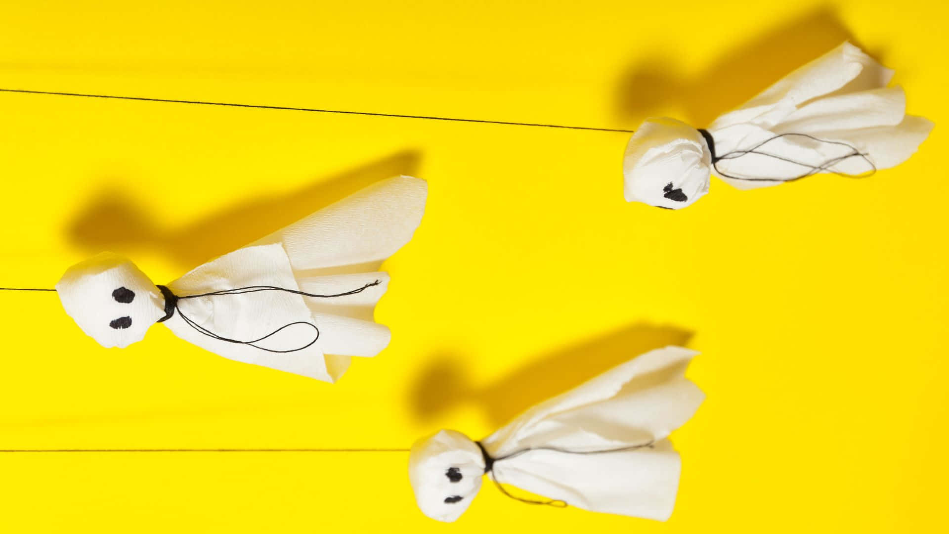 handmade paper ghosts, black string eyes, bright yellow background, Full HD Desktop Wallpaper