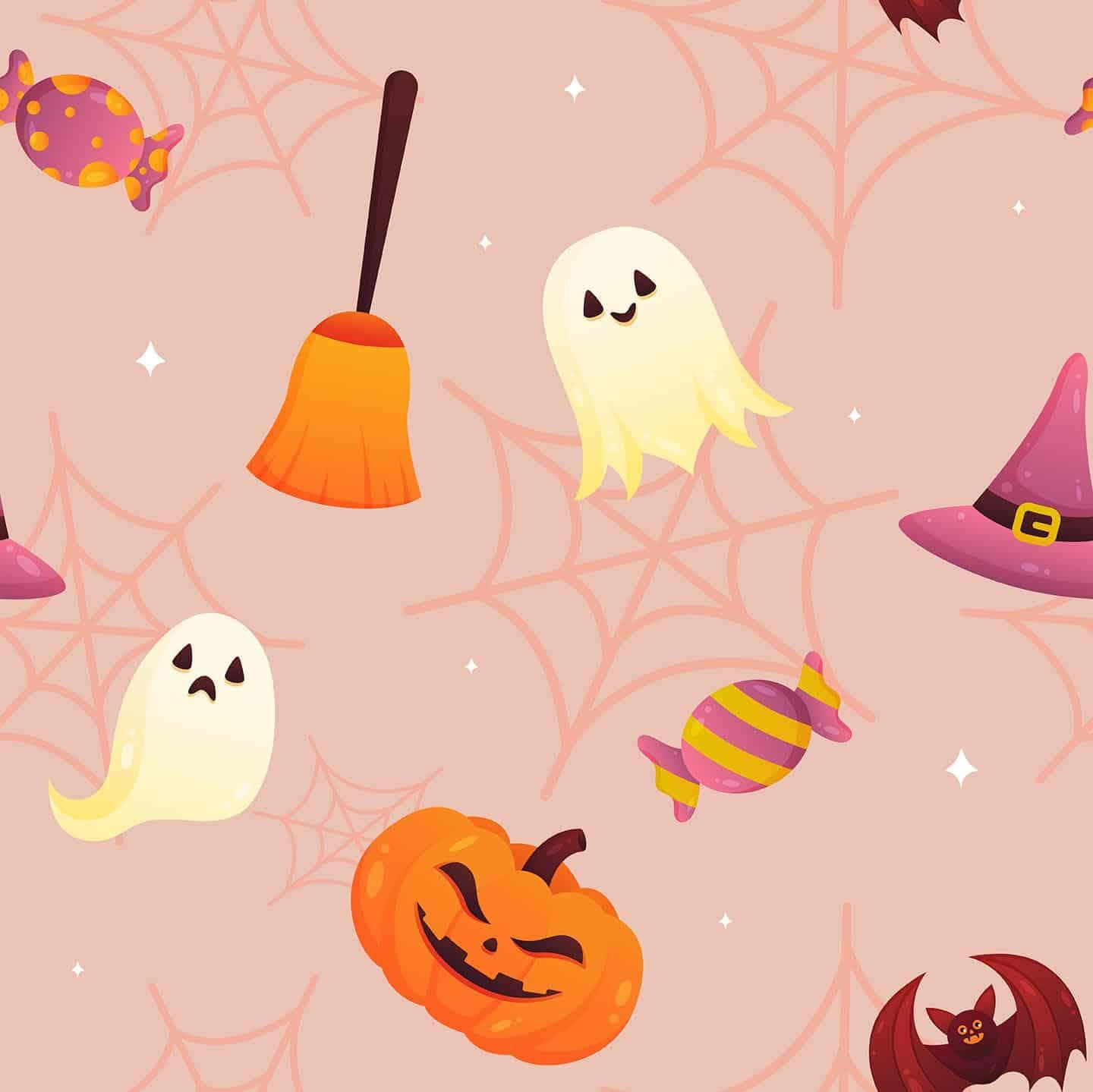 pastel halloween pattern, soft pink background, ghosts, HD Desktop Wallpaper